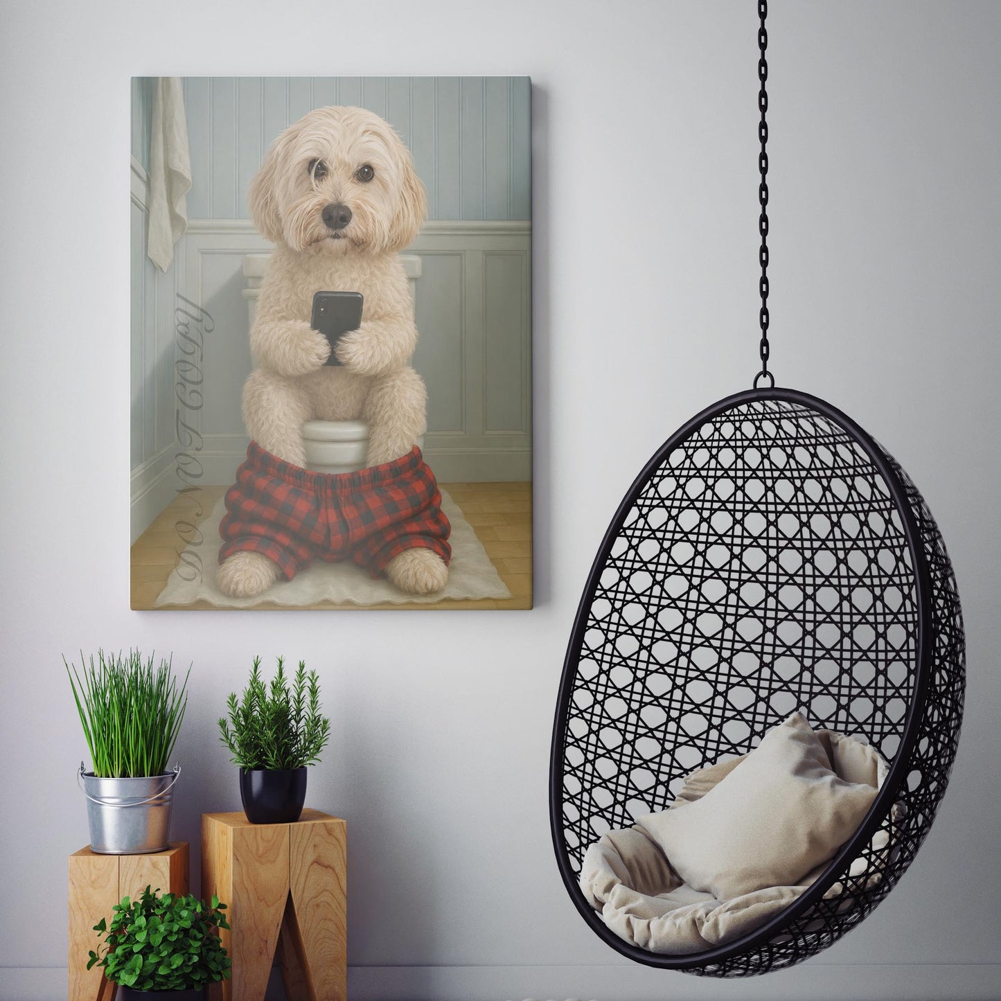 Cockapoo Dog On The Phone On The Toilet