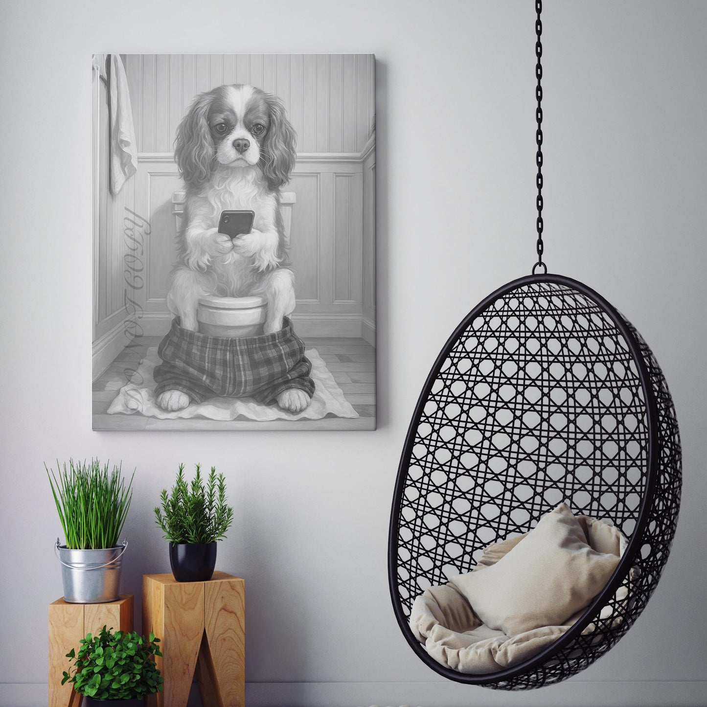 Cavalier King Charles Dog On The Phone On The Toilet