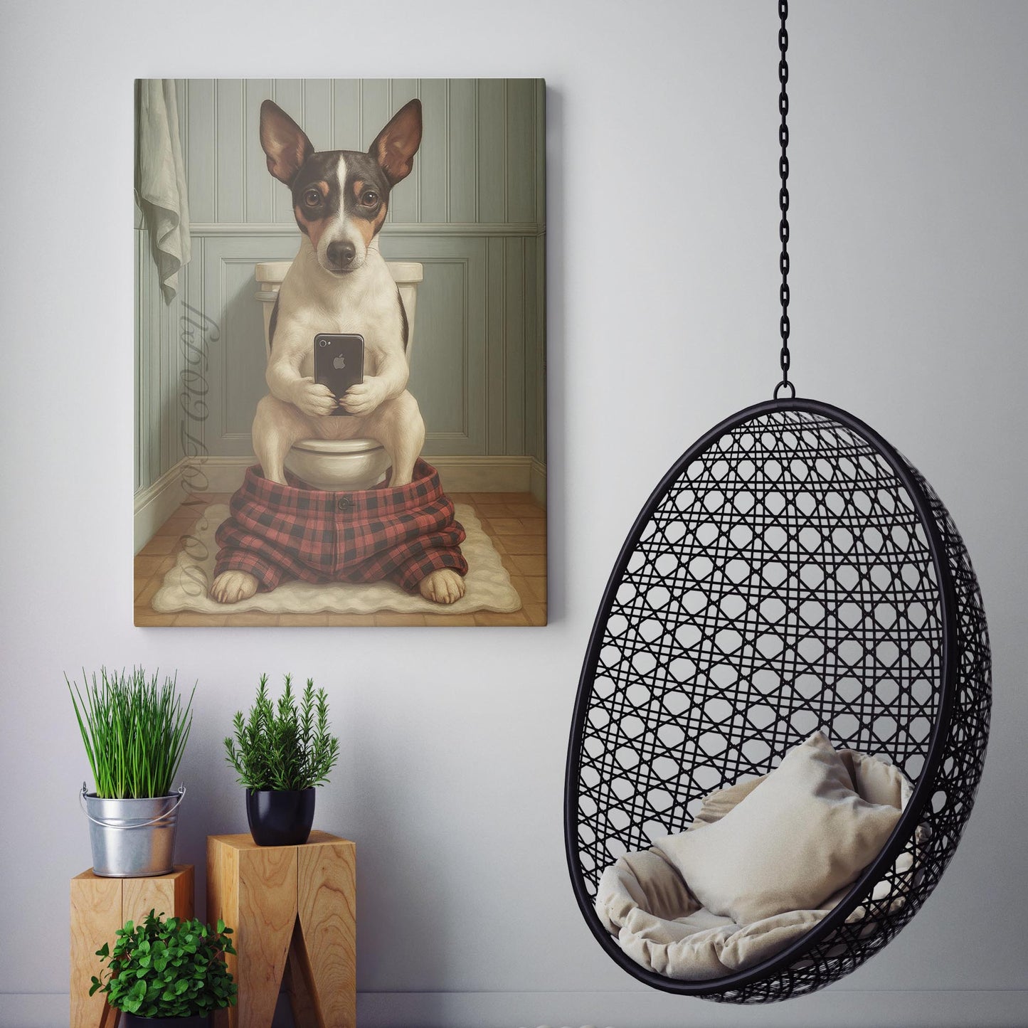 Rat Terrier Dog On The Phone On The Toilet