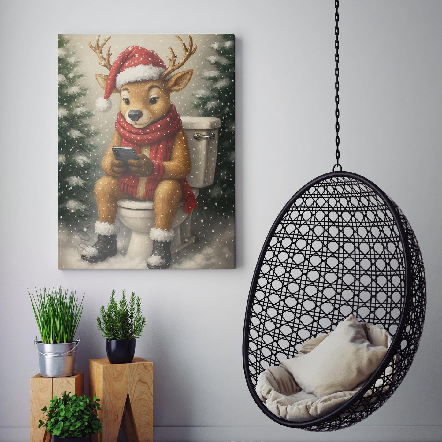Christmas Reindeer On The Phone On The Toilet