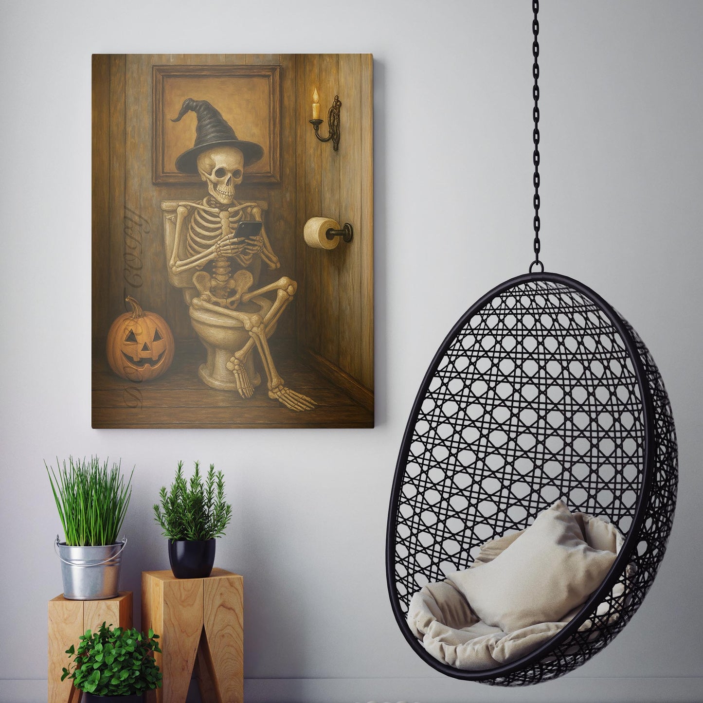 Halloween Skeleton On The Phone On The Toilet