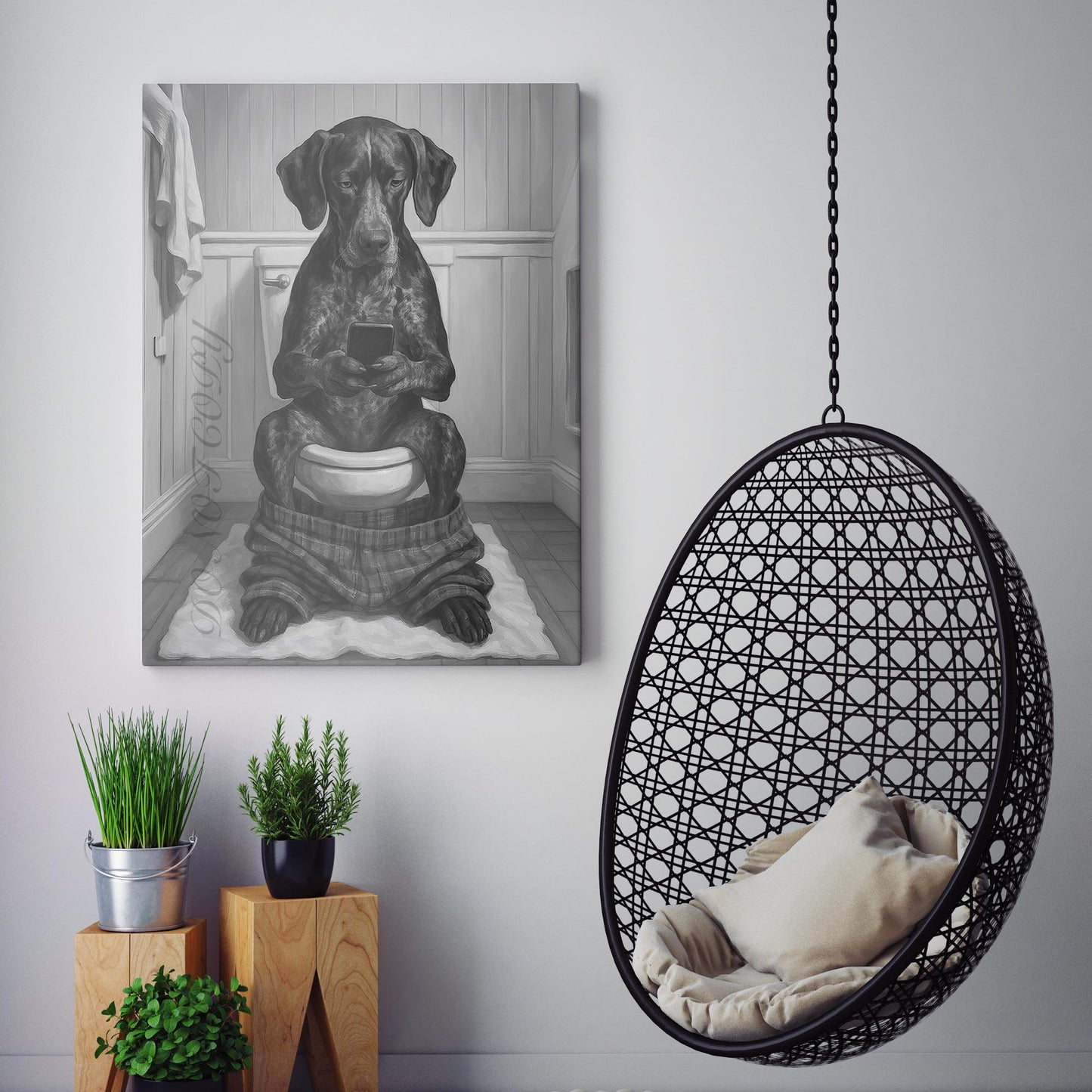 German Shorthaired Pointer Dog On The Phone On The Toilet