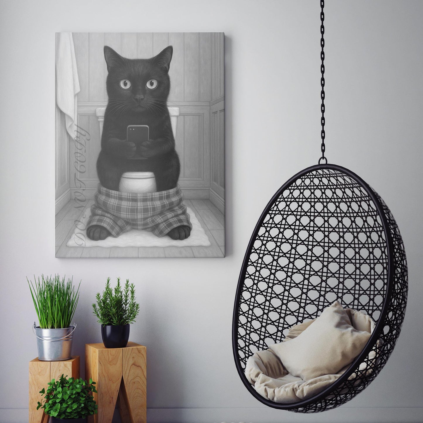 Black Cat On The Phone On The Toilet