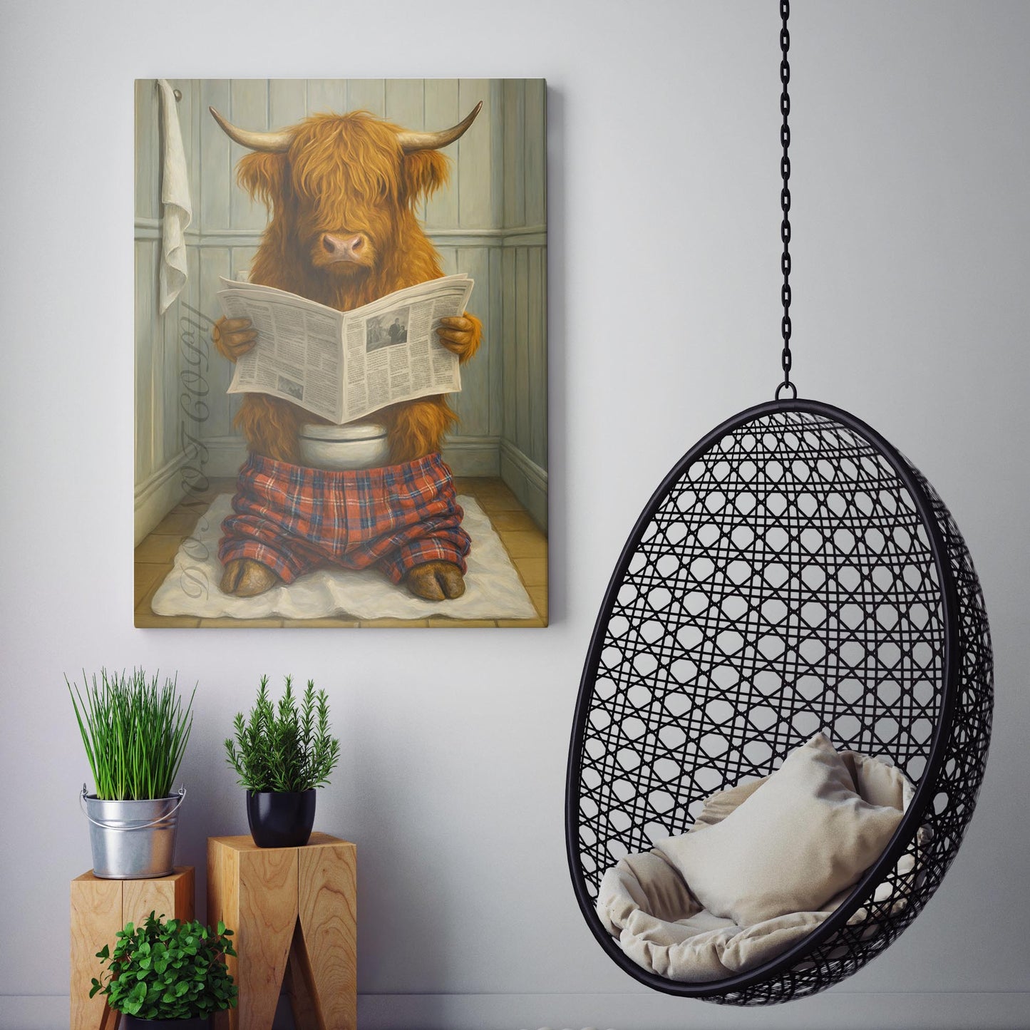 Highland Cow Reading The Newspaper On The Toilet