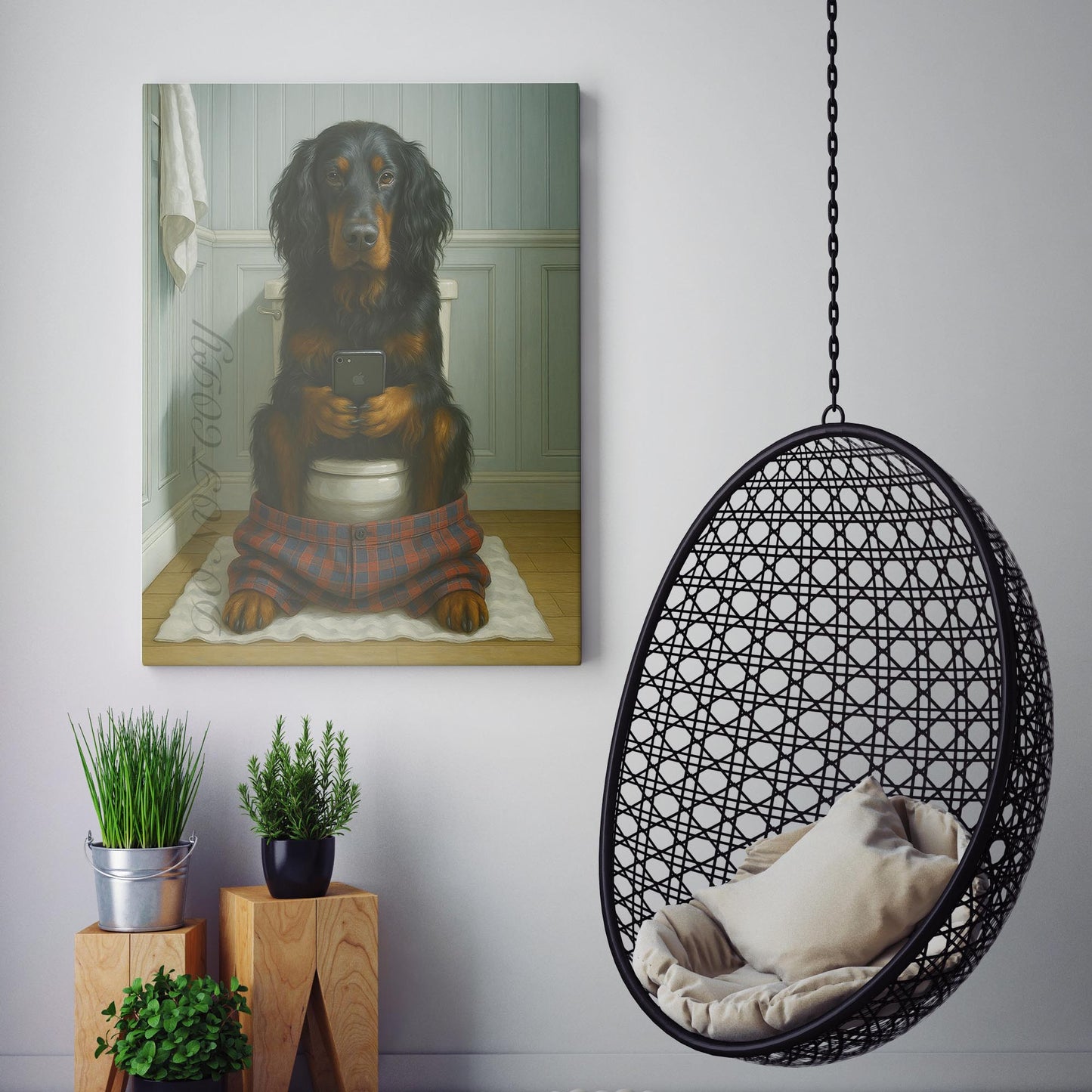 Gordon Setter Dog On The Phone On The Toilet