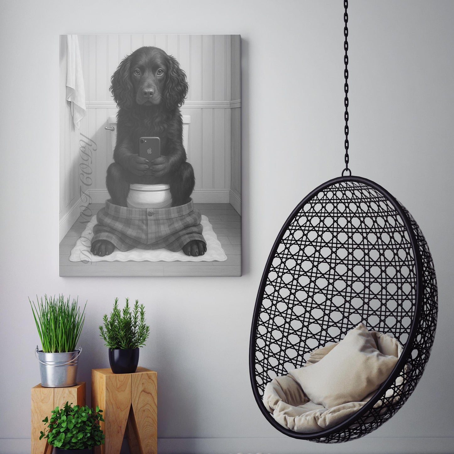 Boykin Spaniel Dog On The Phone On The Toilet