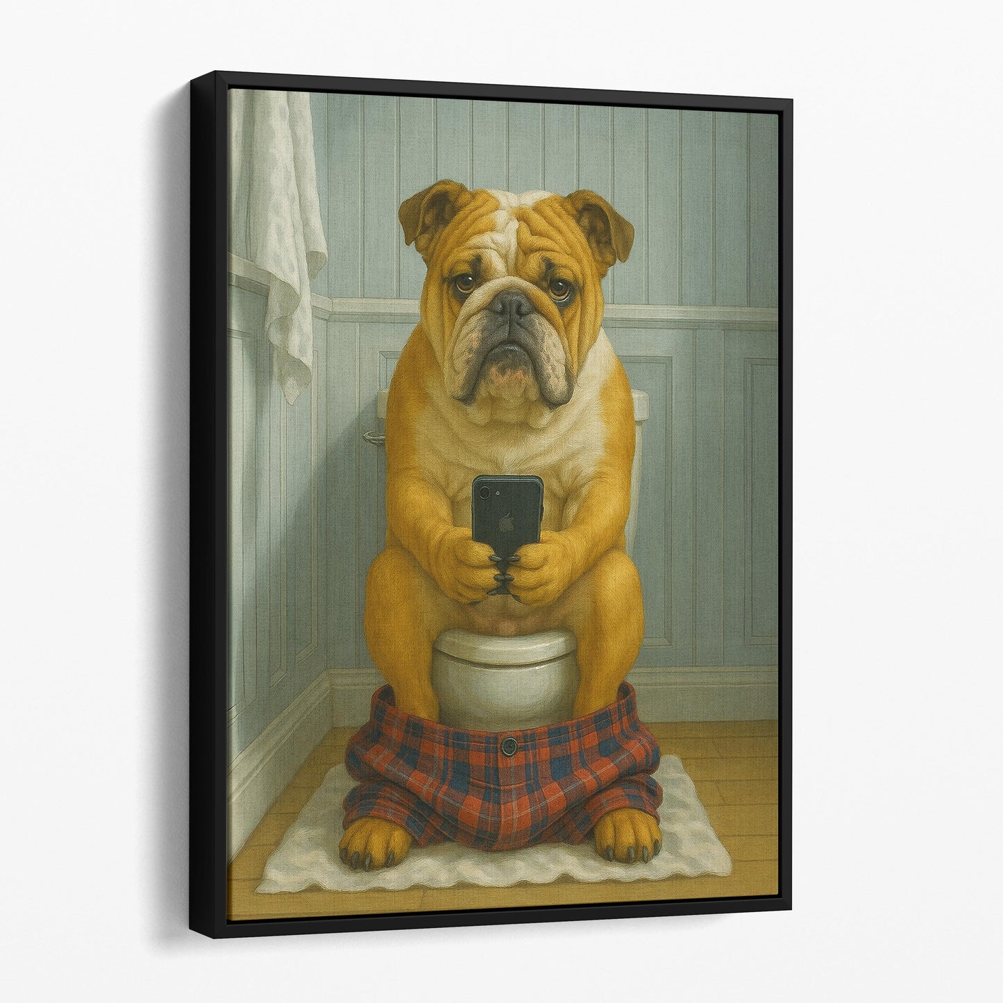 Bulldog On The Phone On The Toilet
