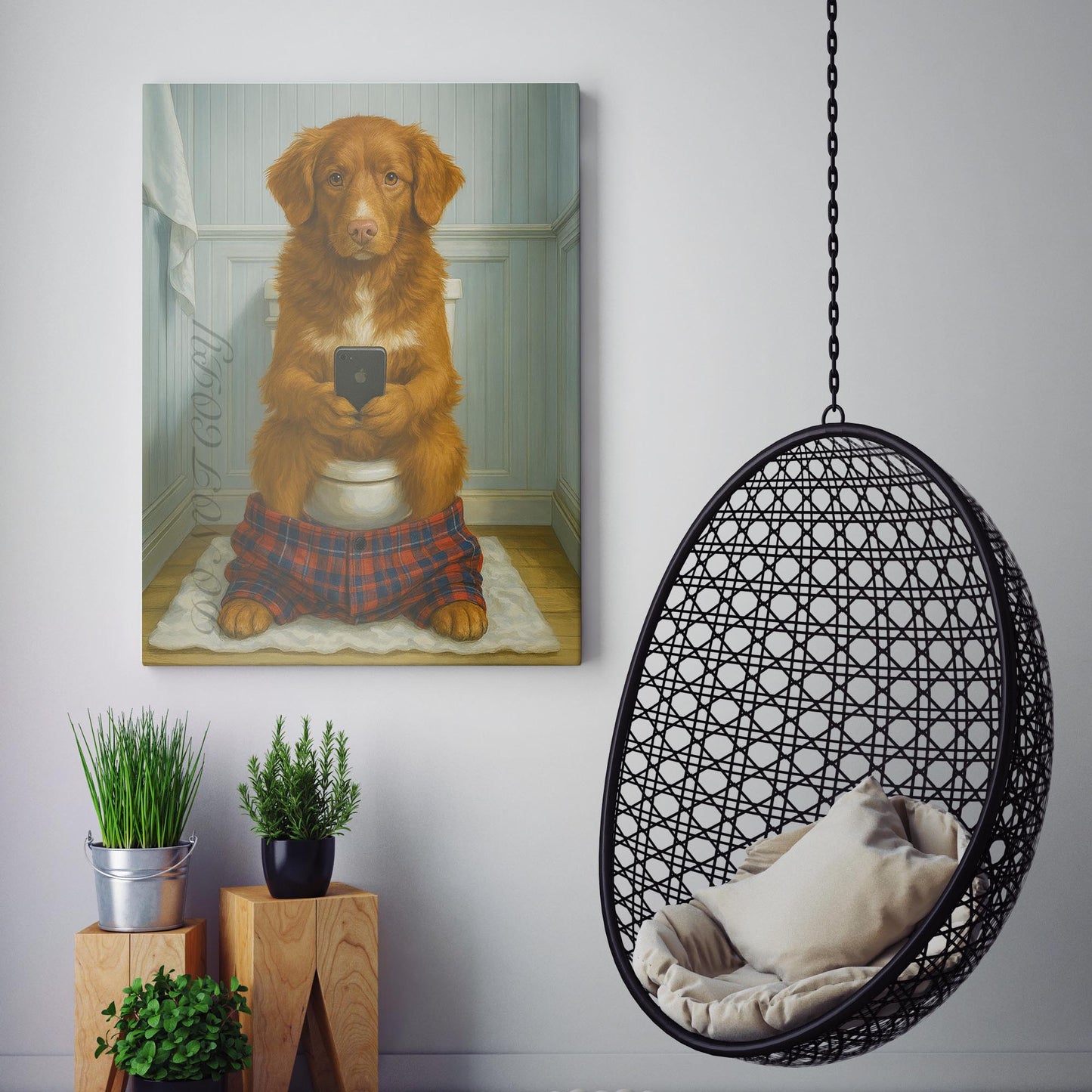 Nova Scotia Duck Tolling Retriever Dog On The Phone On The Toilet