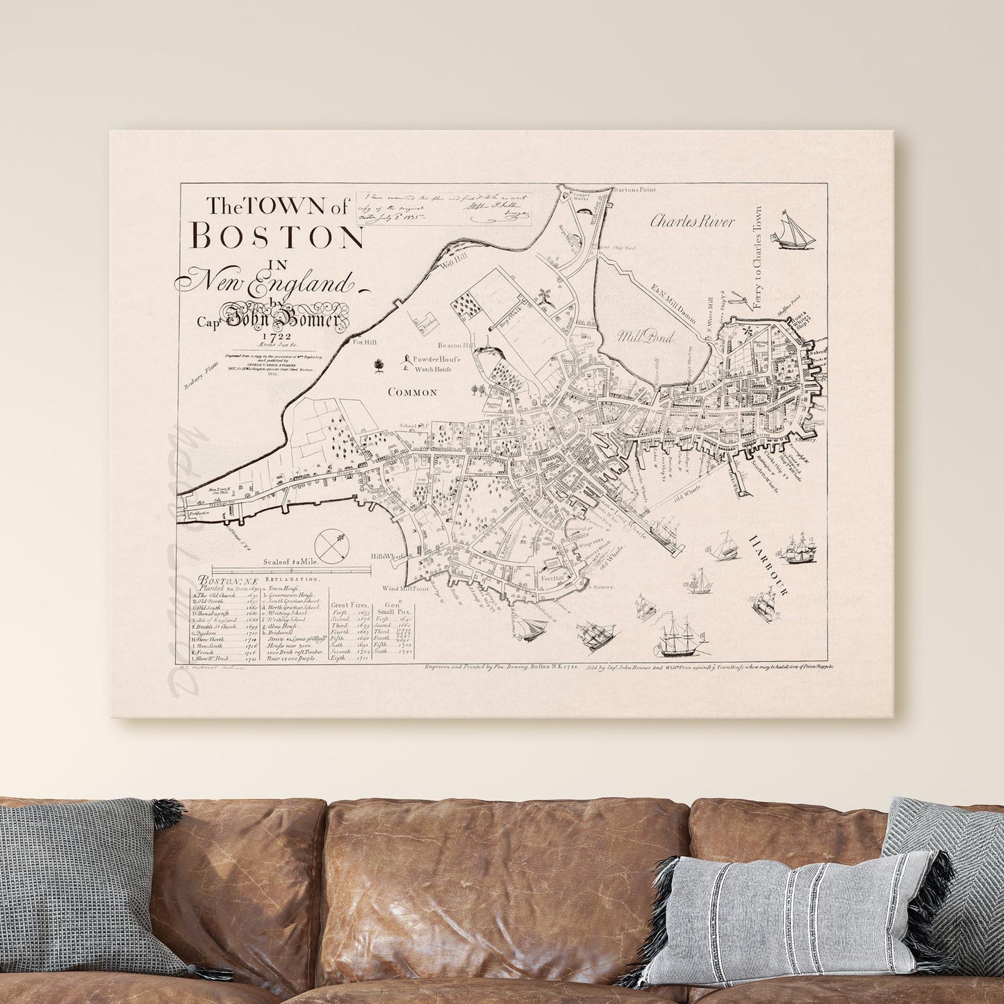 Old Map of Boston Massachusetts Bird's Eye View