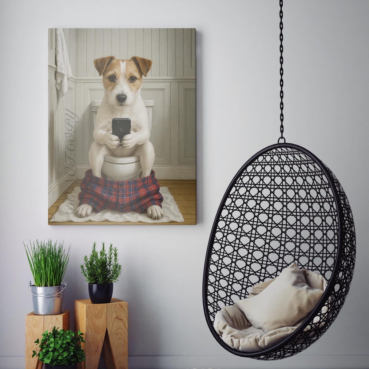 Parson Russell Terrier Dog On The Phone On The Toilet