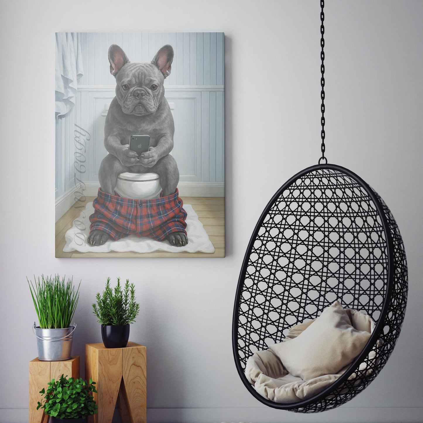 Grey French Bulldog On The Phone On The Toilet