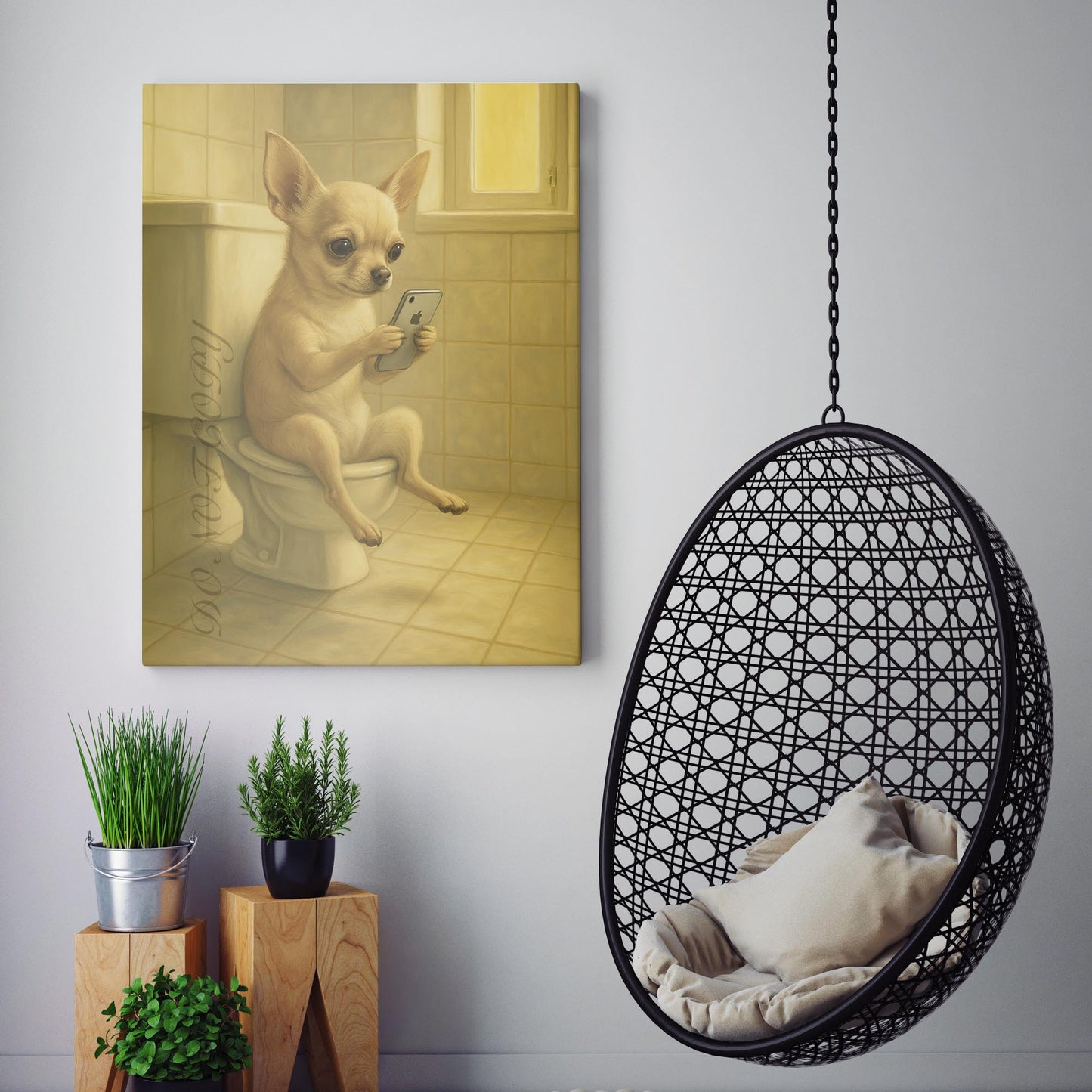 Chihuahua Dog On The Phone On The Toilet