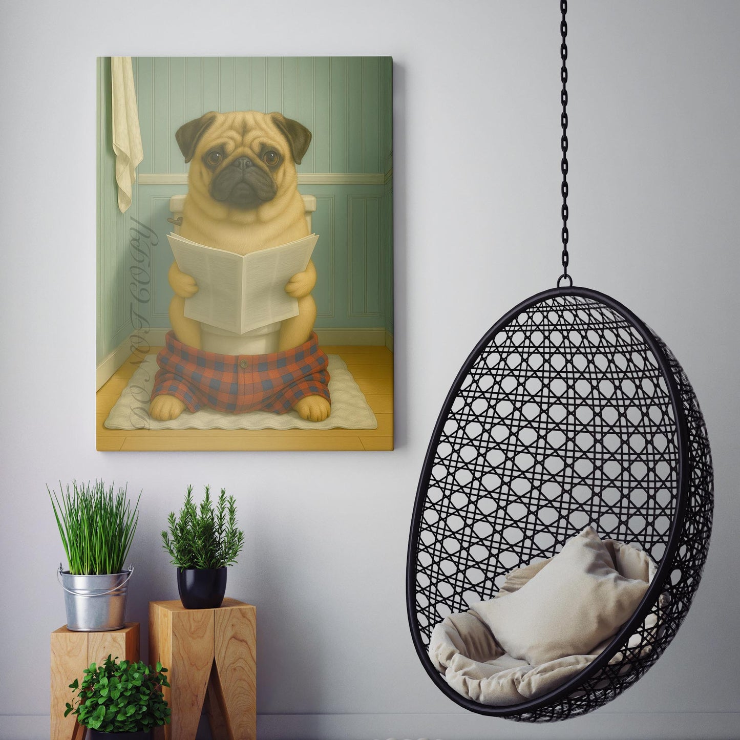 Pug Dog Reading The Newspaper On The Toilet