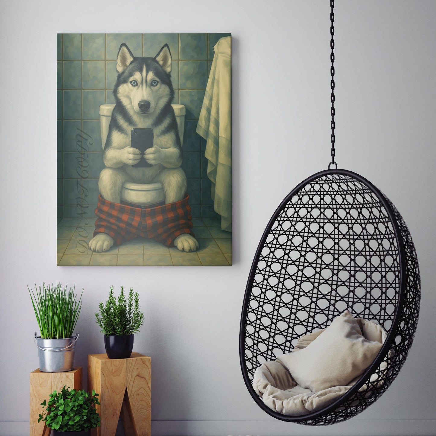 Husky On The Phone On The Toilet