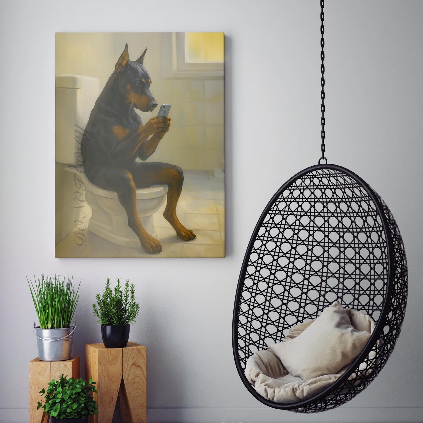 Doberman Pinscher Dog On The Phone On The Toilet