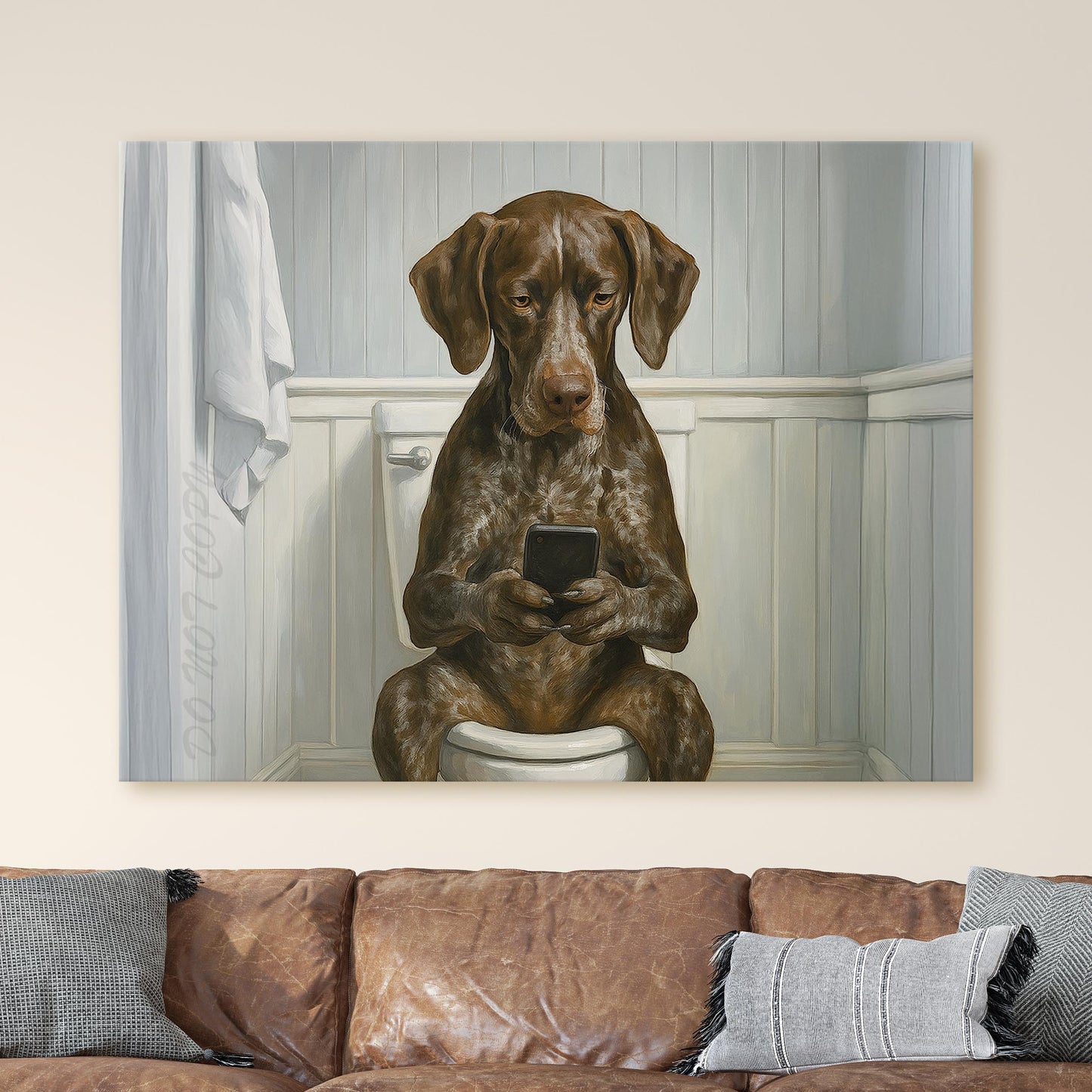 German Shorthaired Pointer Dog On The Phone On The Toilet