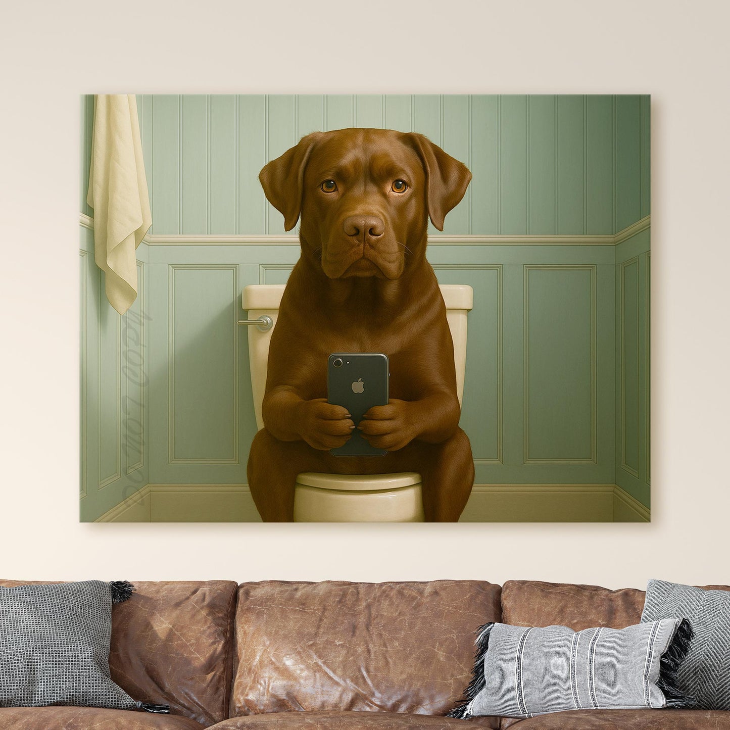 Chocolate Labrador Dog On The Phone On The Toilet