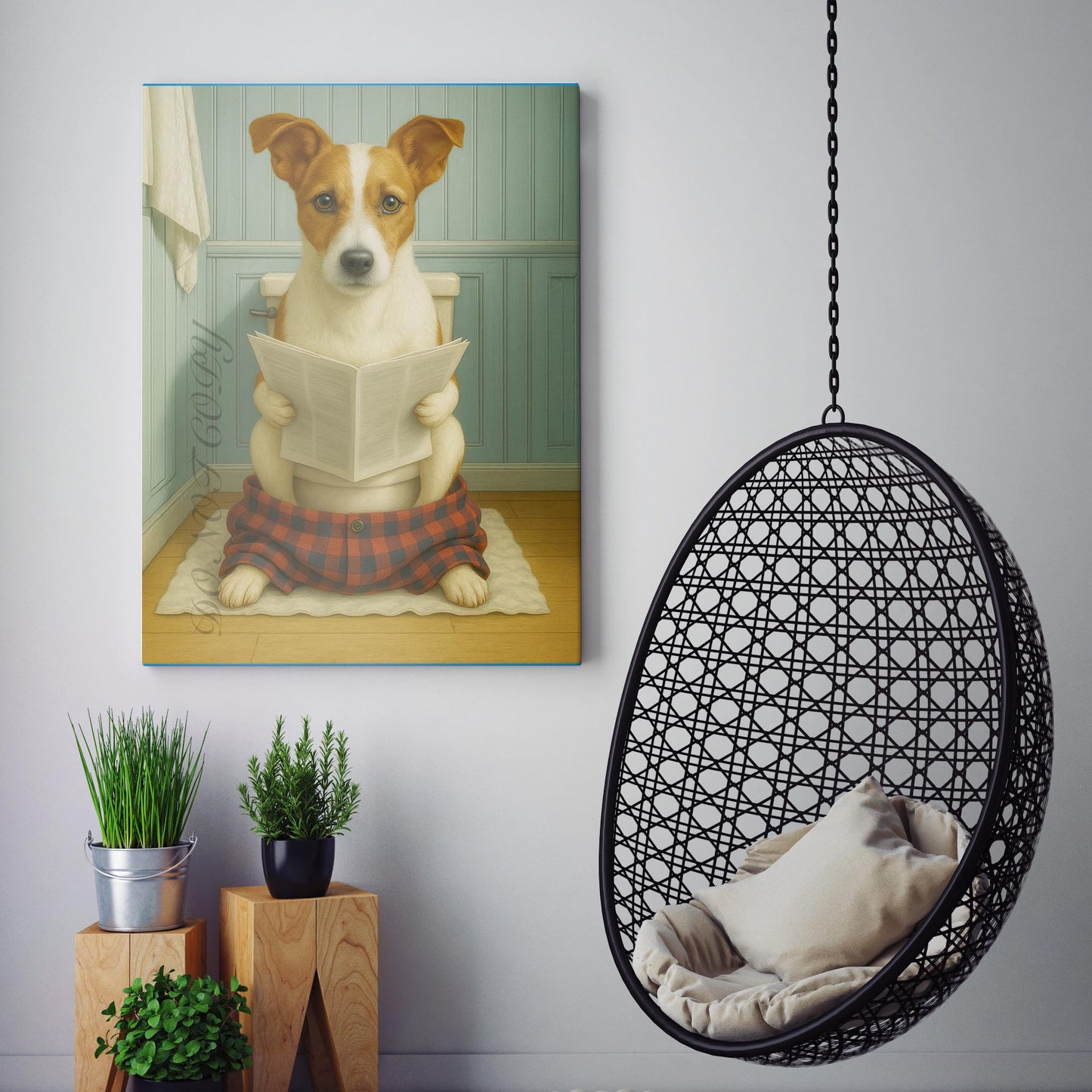 Jack Russell Terrier Dog Reading The Newspaper On The Toilet
