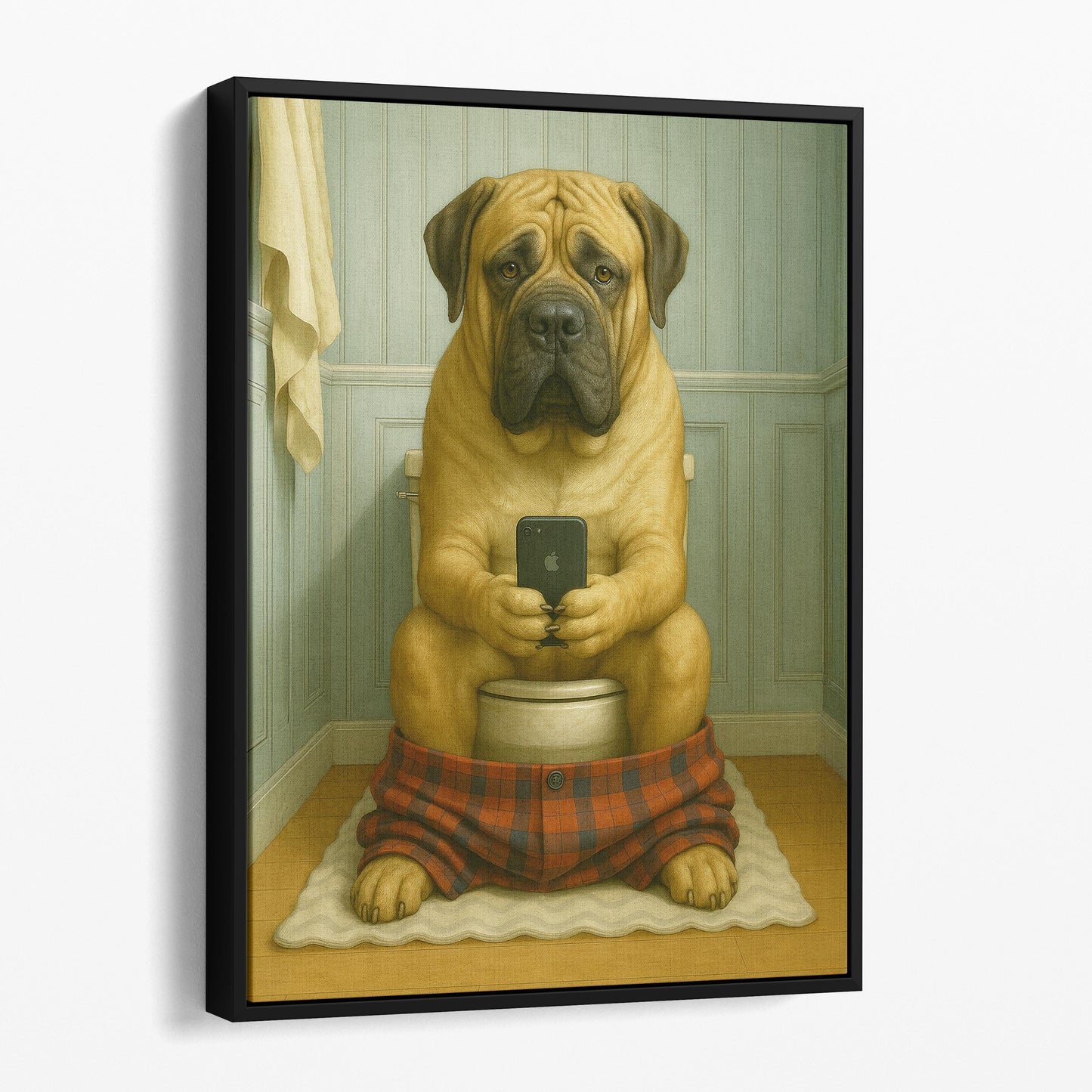Mastiff Dog On The Phone On The Toilet