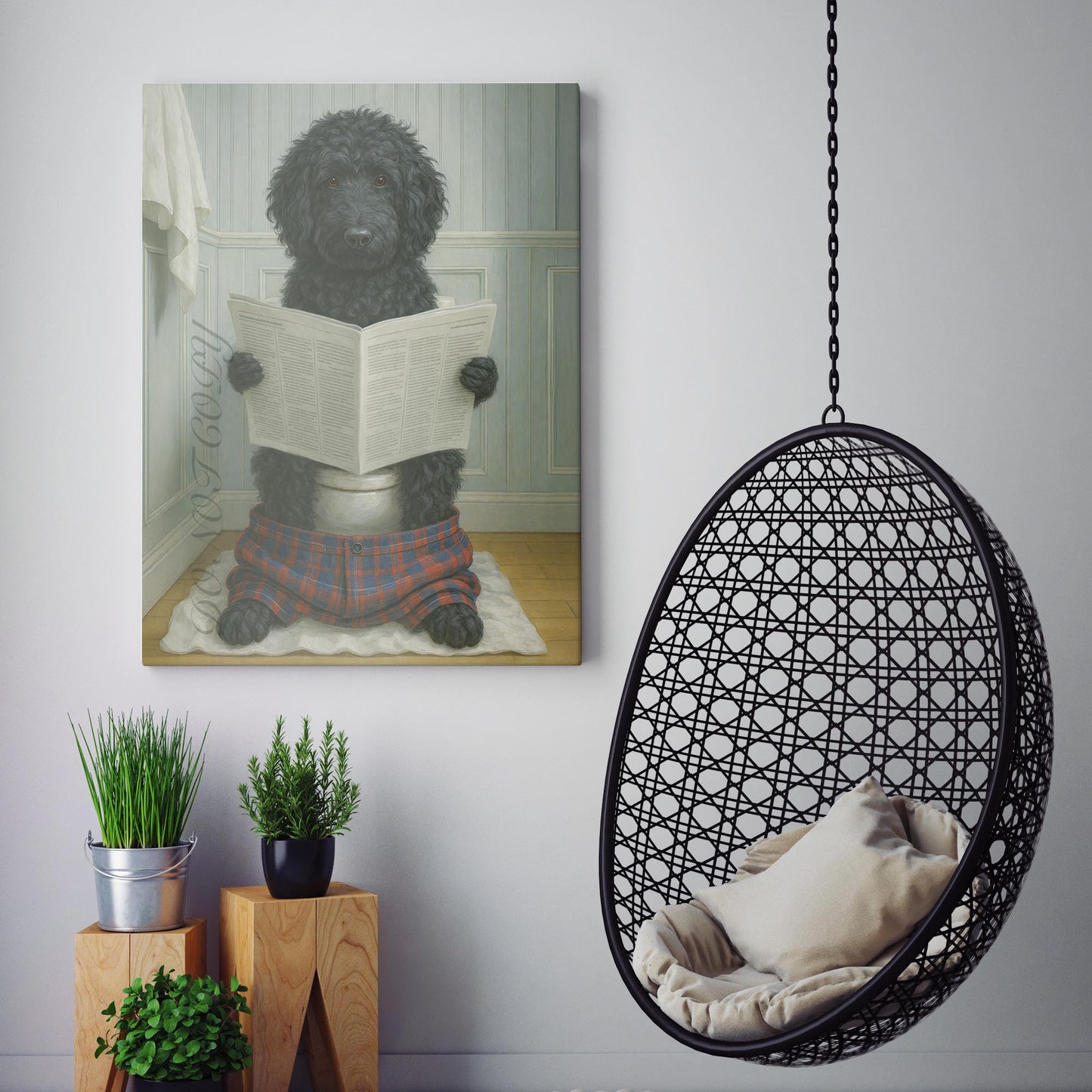Black Golden Doodle Reading The Newspaper On The Toilet