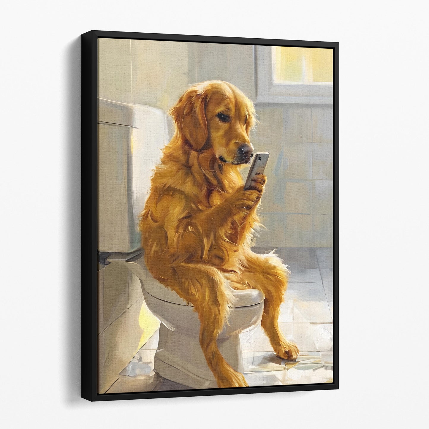 Golden Retriever On Phone On The Toilet