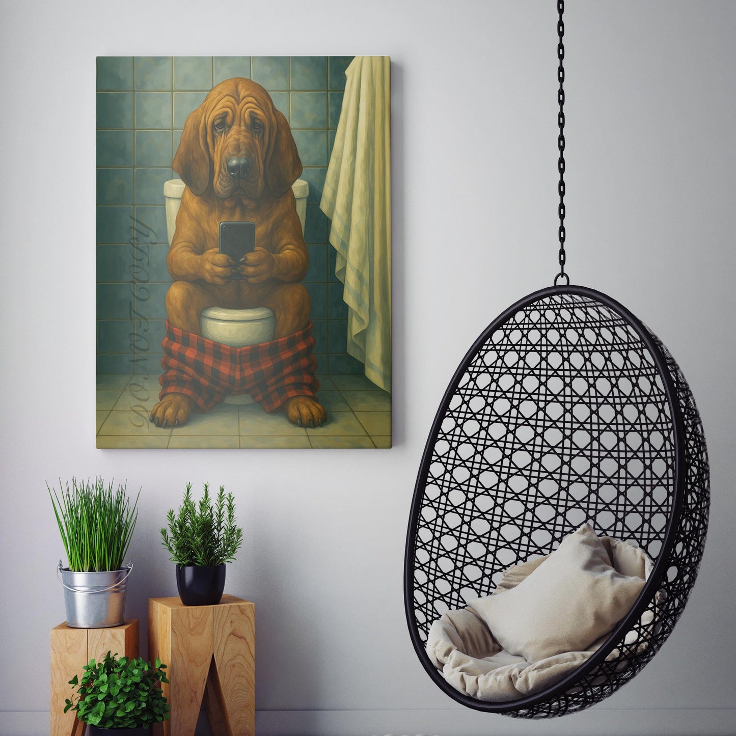 Bloodhound Dog On The Phone On The Toilet