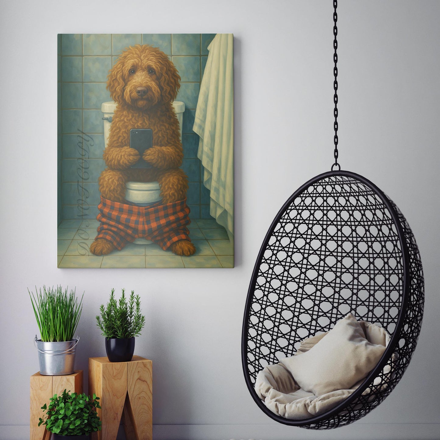 Labradoodle Dog On The Phone On The Toilet