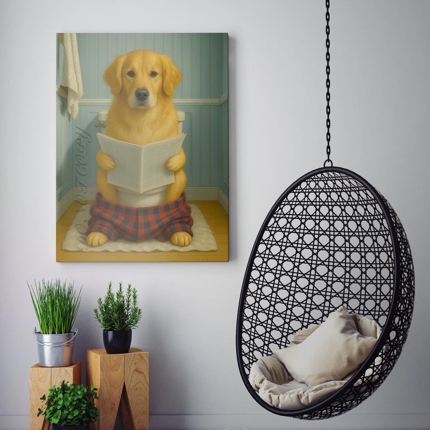 Golden Retriever Dog Reading The Newspaper On The Toilet