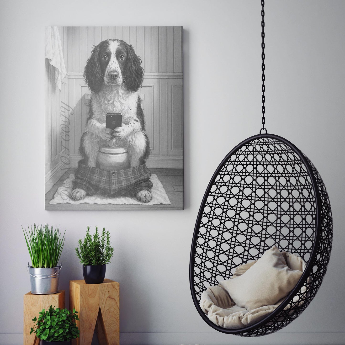 English Springer Spaniel Dog On The Phone On The Toilet