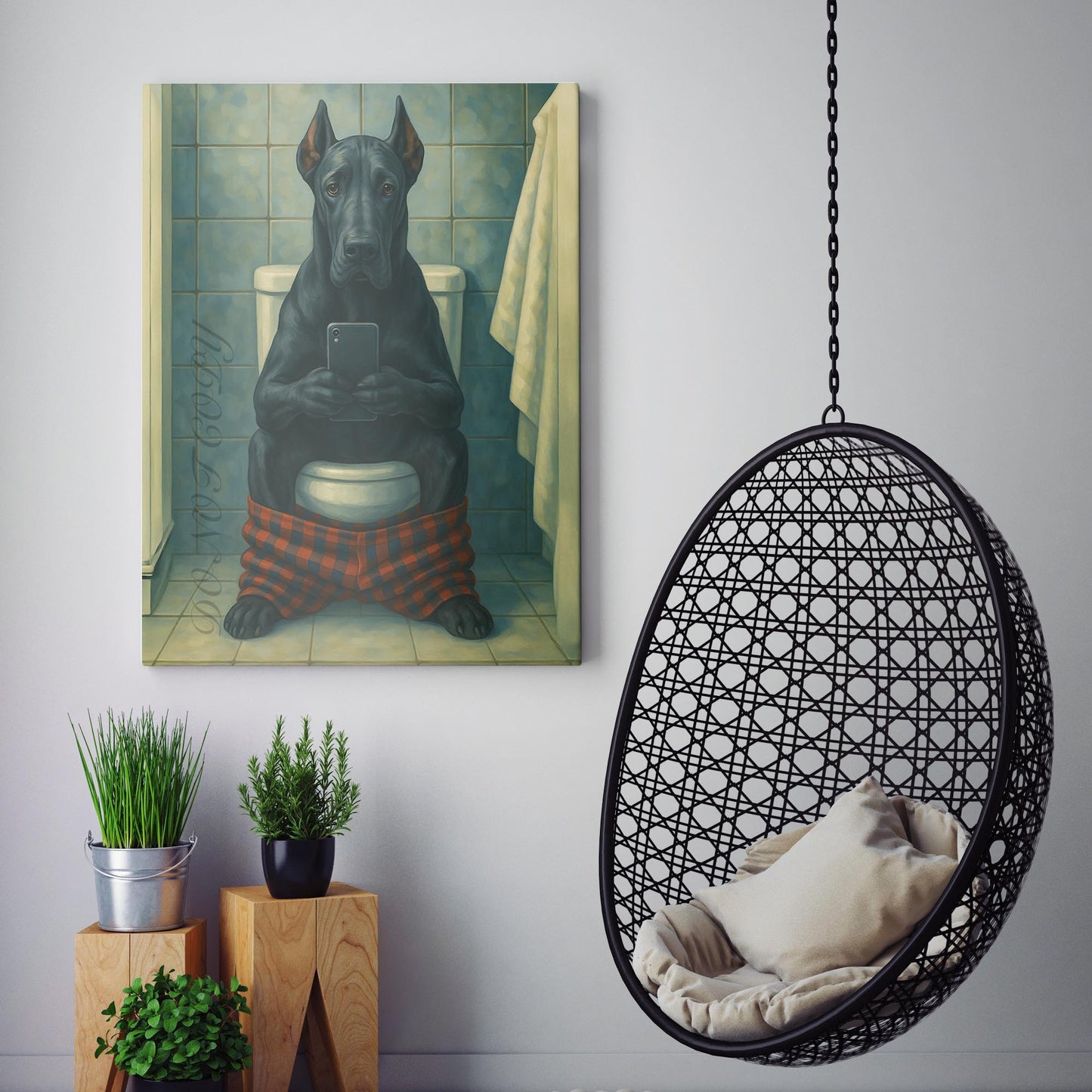 Great Dane On The Phone On The Toilet