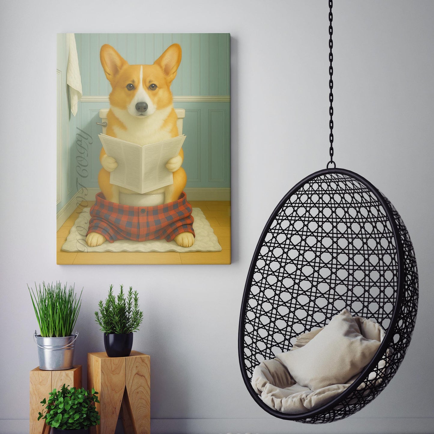 Corgi Dog Reading The Newspaper On The Toilet