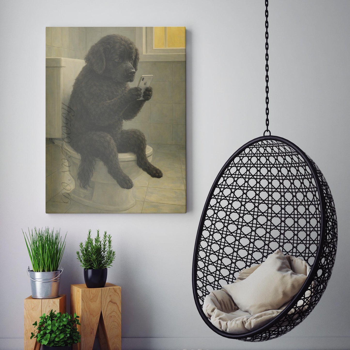 Newfoundland Dog On The Phone On The Toilet