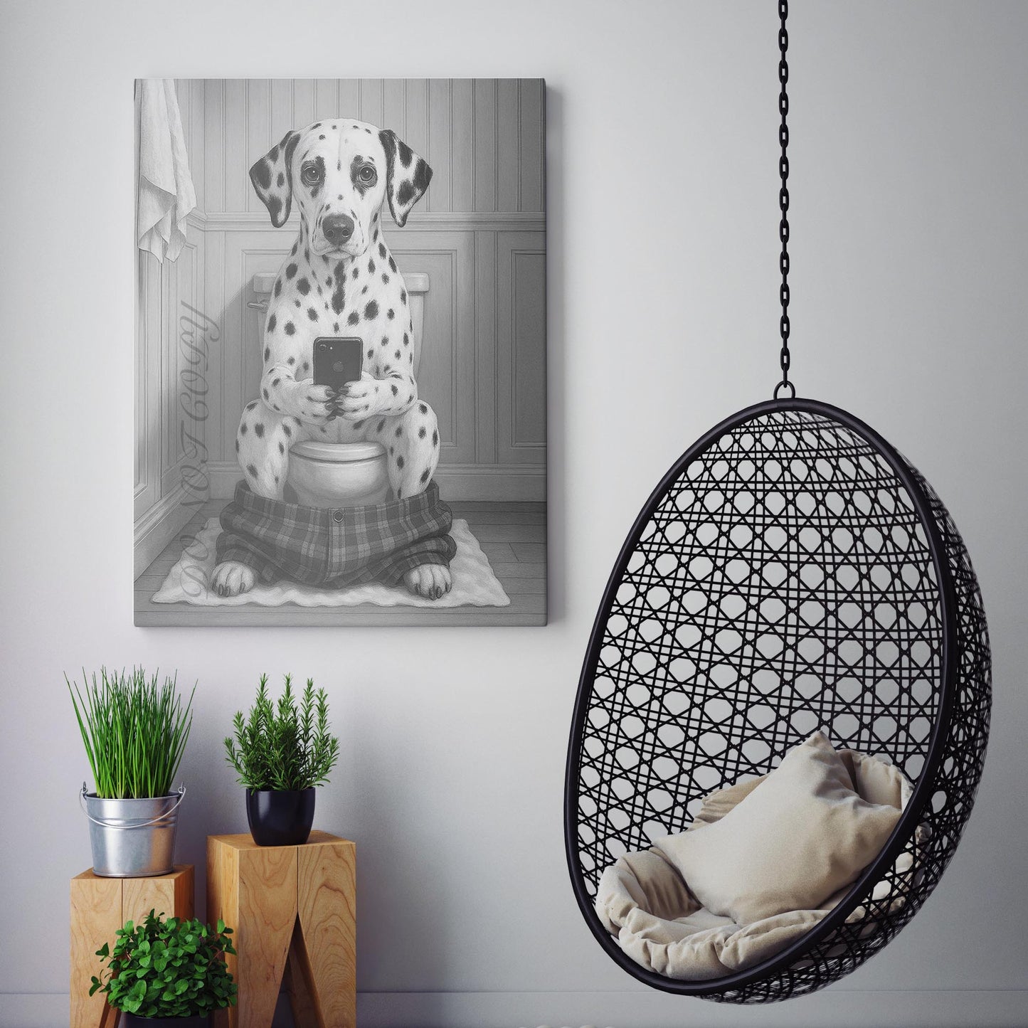 Dalmatian Dog On The Phone On The Toilet