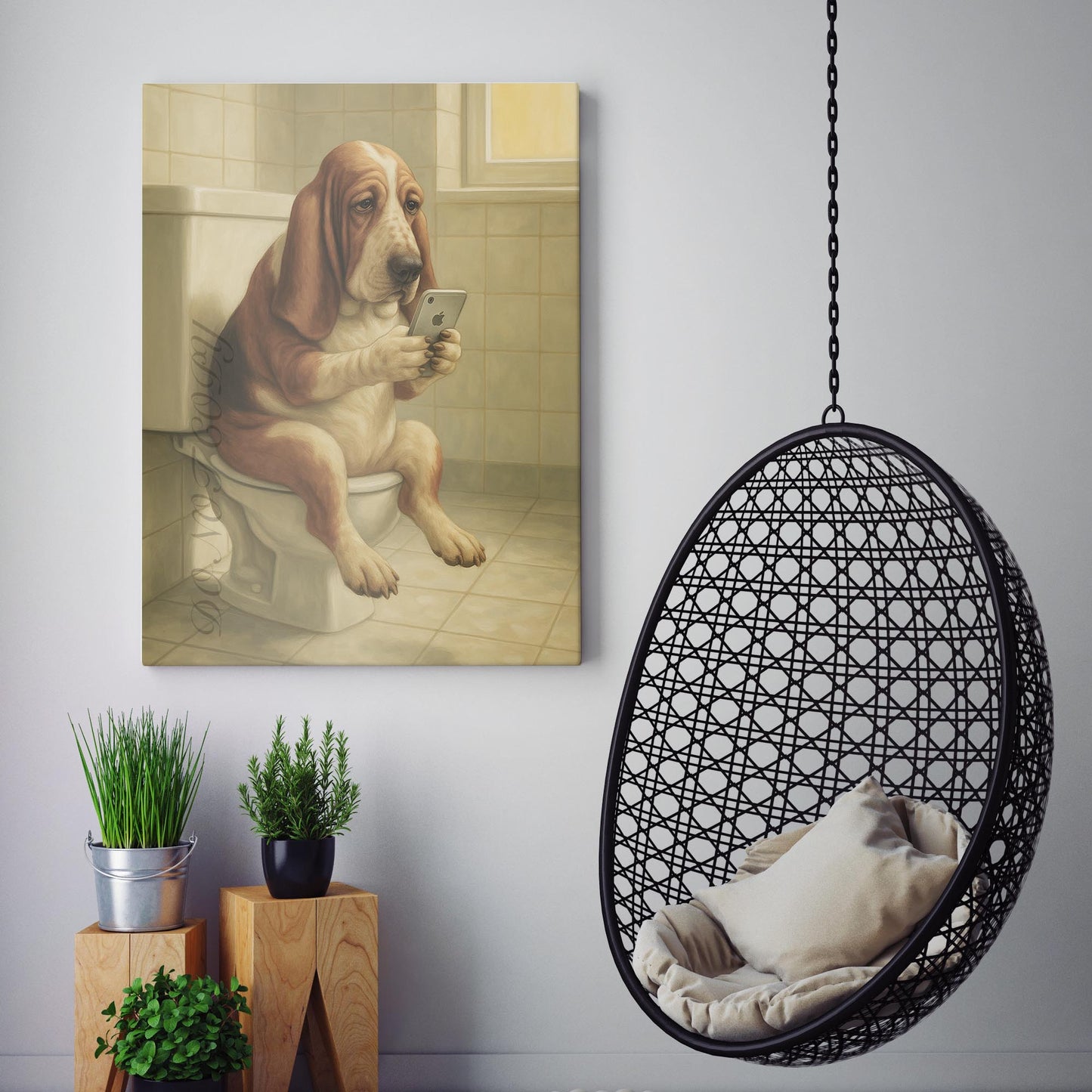Basset Hound Dog On The Phone On The Toilet
