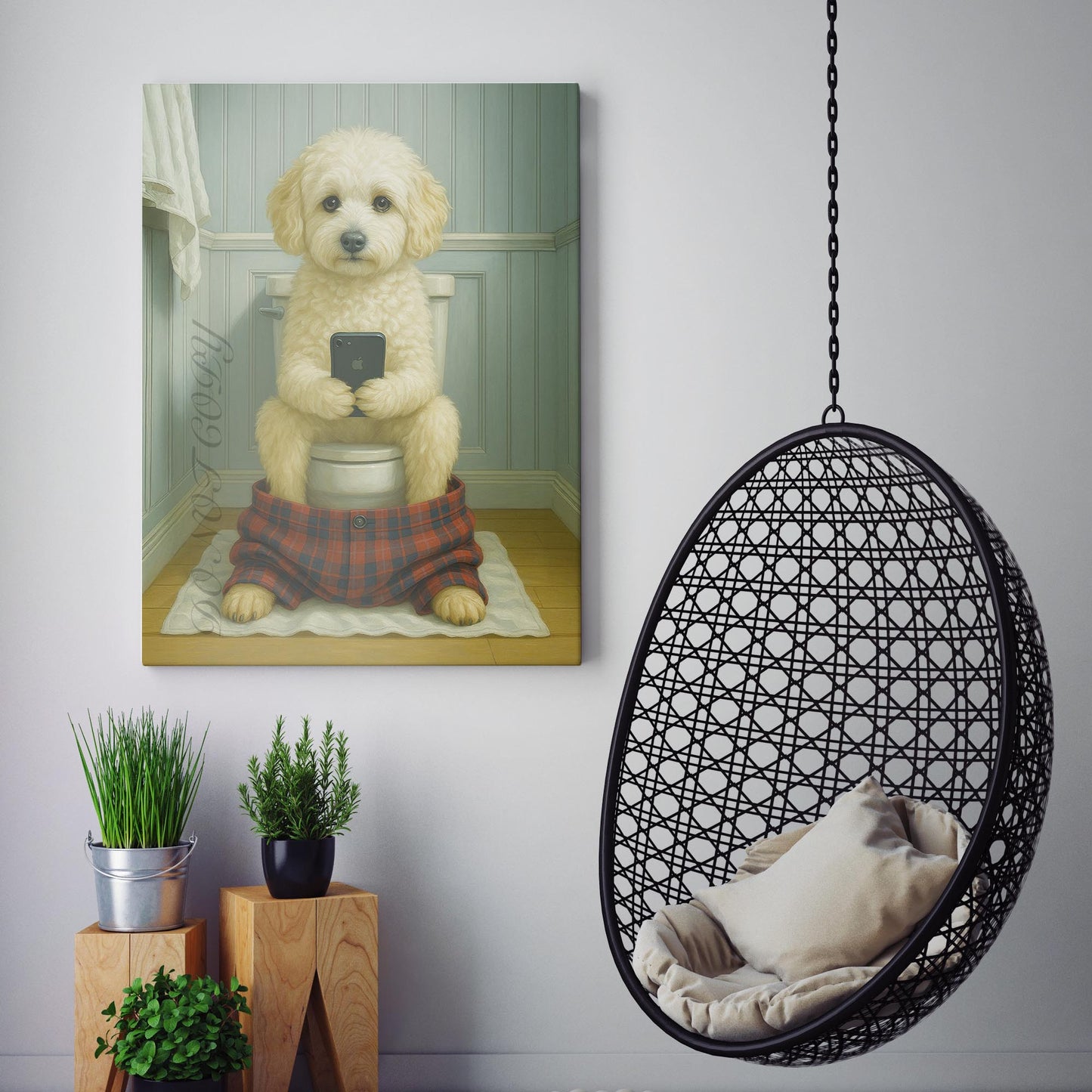 Maltipoo Dog On The Phone On The Toilet