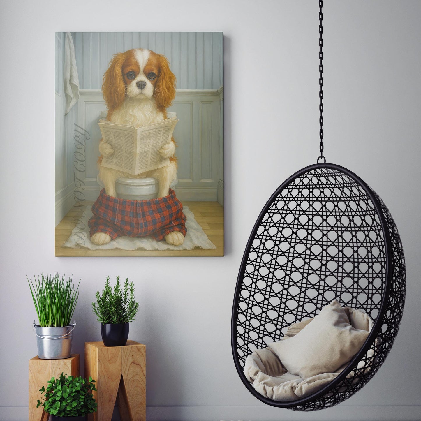 Cavalier King Charles Dog Reading The Newspaper On The Toilet