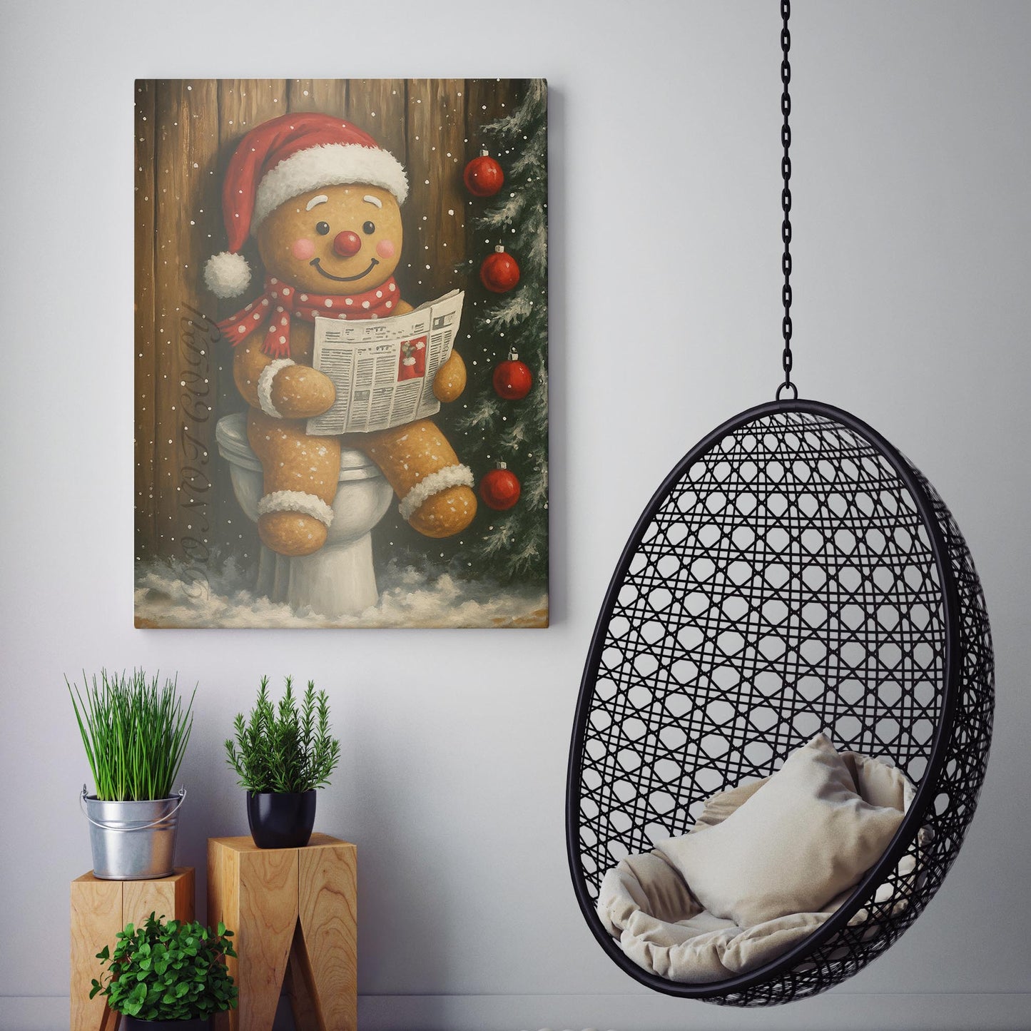 Christmas Gingerbread Man Reading The Newspaper On The Toilet