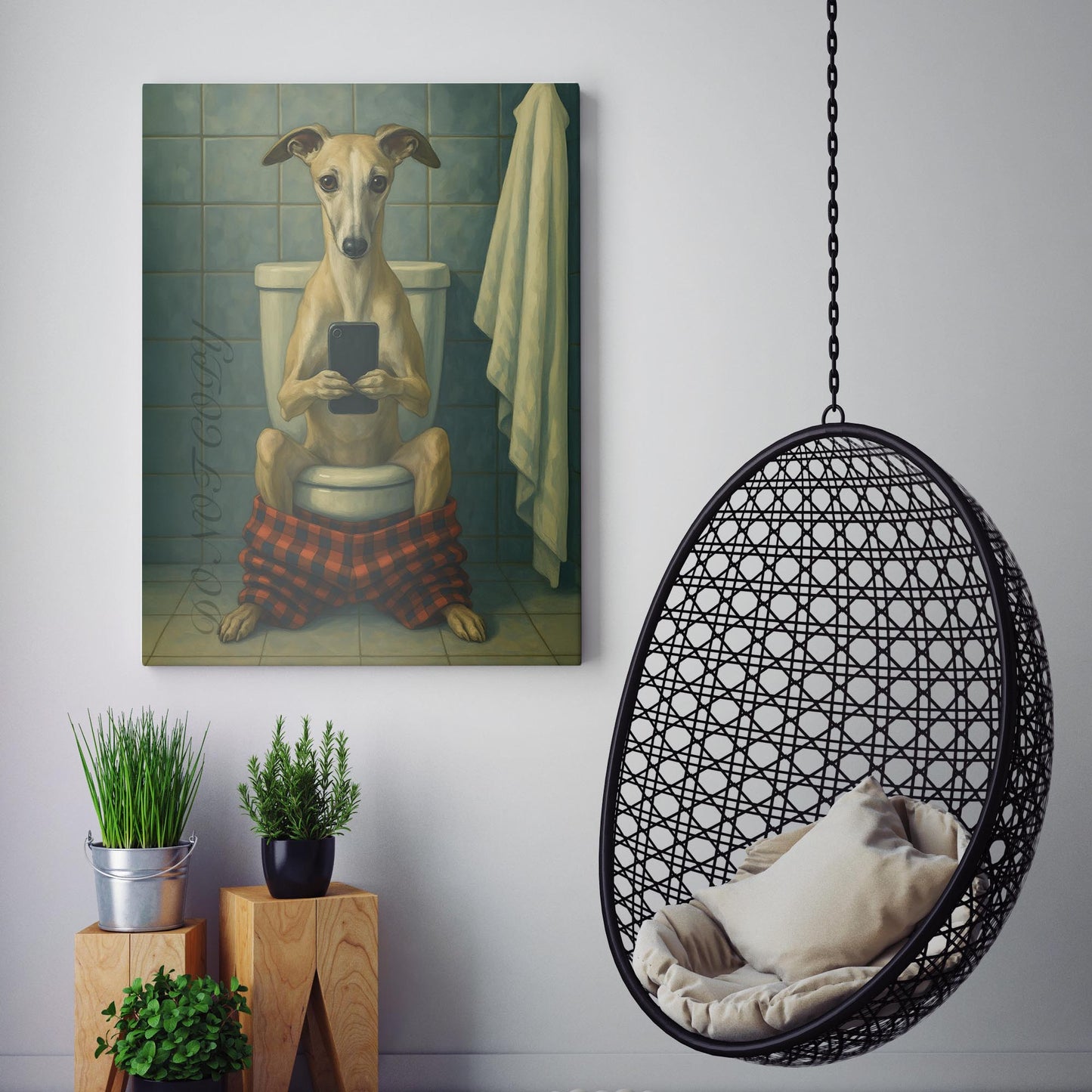 Whippet Dog On The Phone On The Toilet