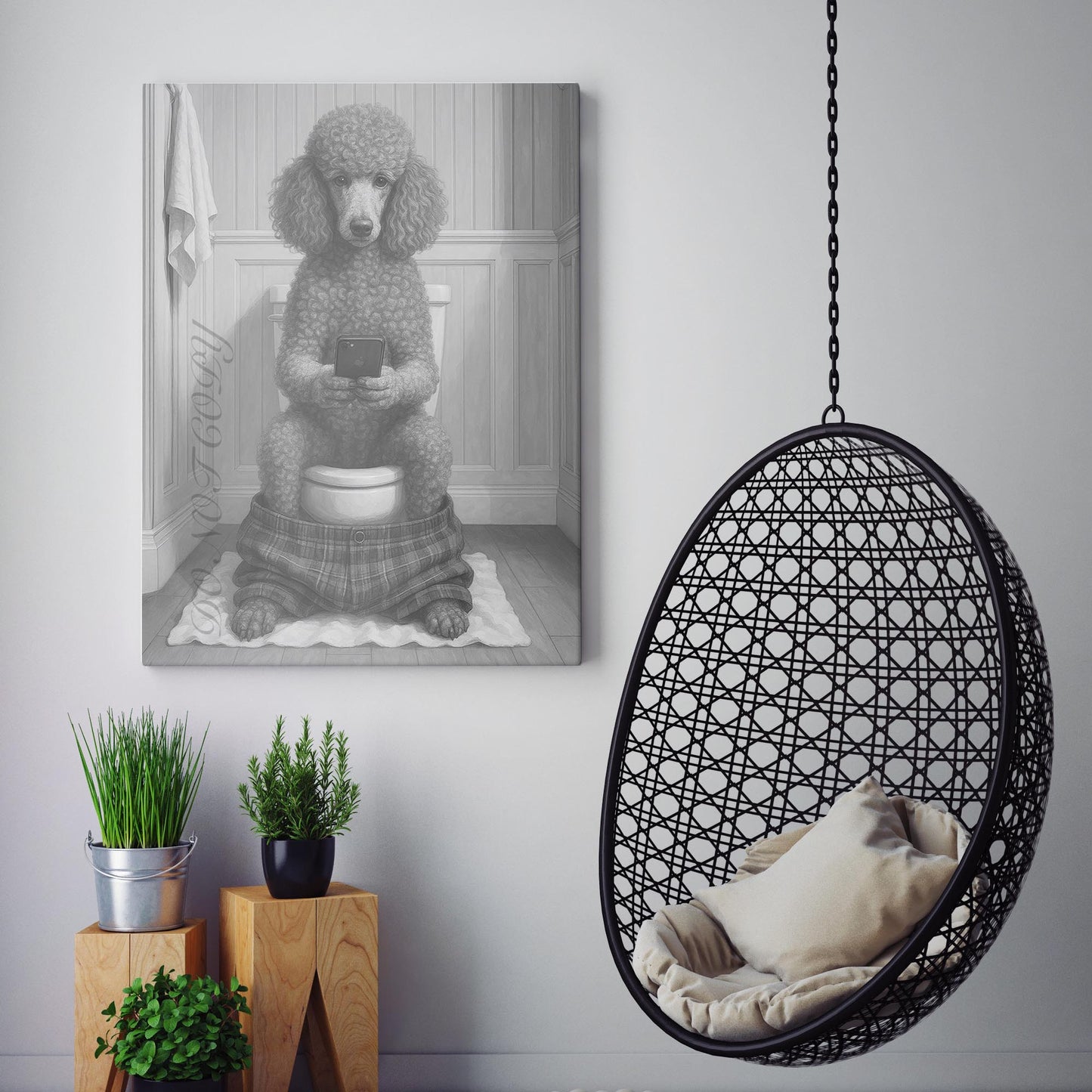 French Poodle Dog On The Phone On The Toilet