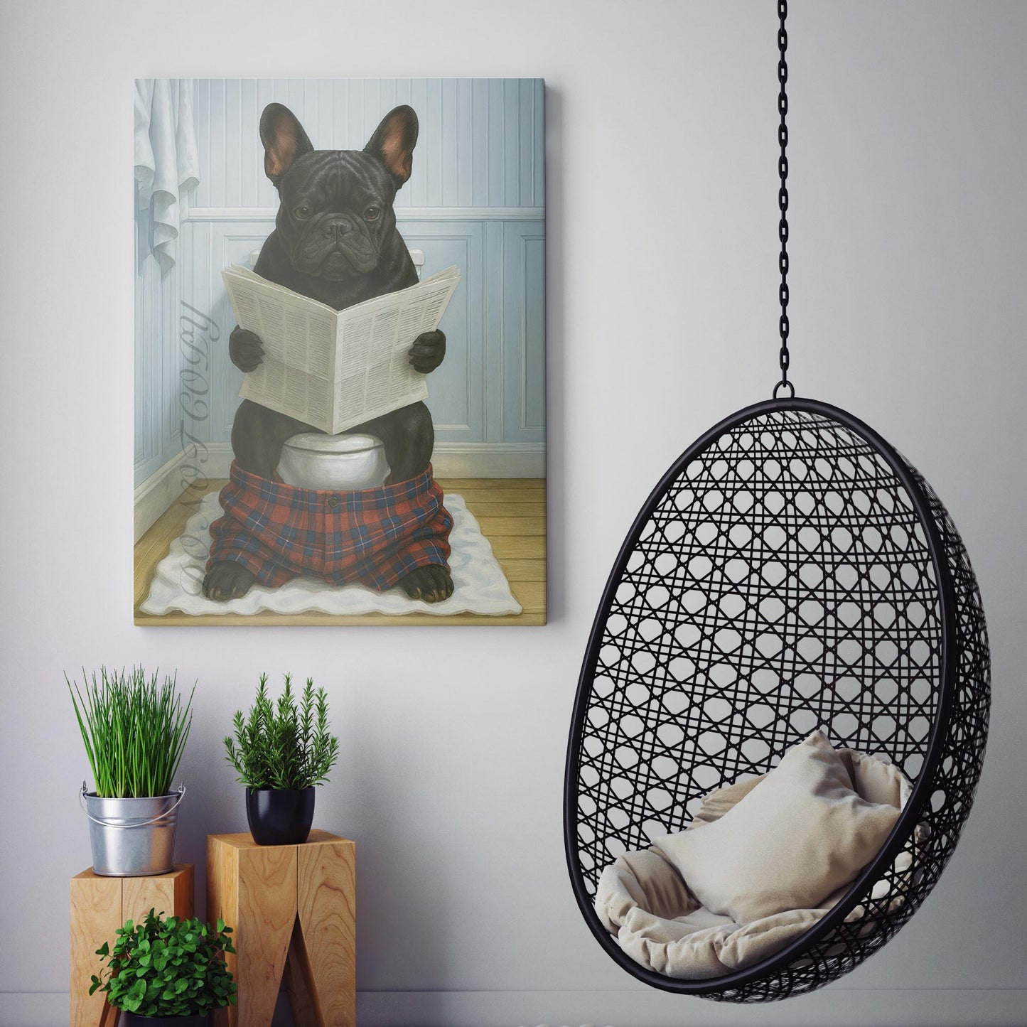 French Bulldog Reading The Newspaper On The Toilet