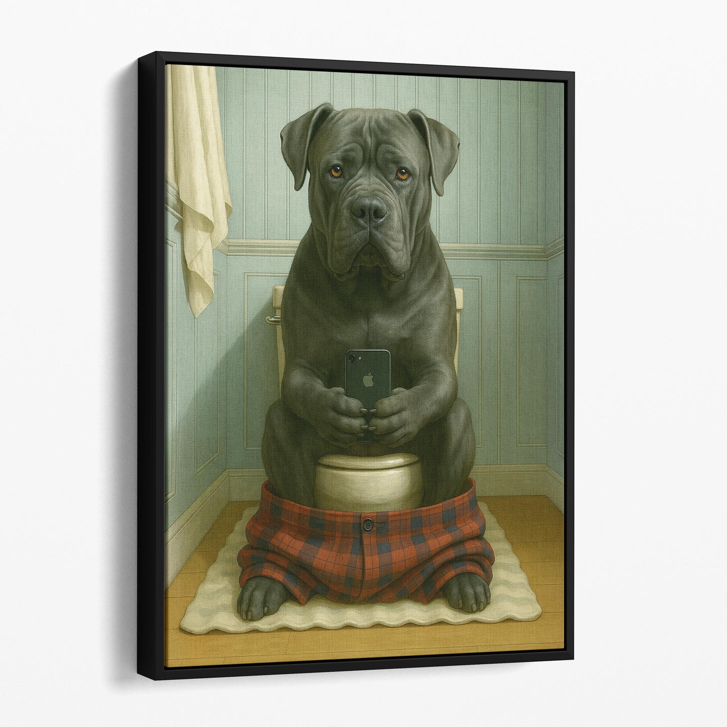 Cane Corso Dog On The Phone On The Toilet
