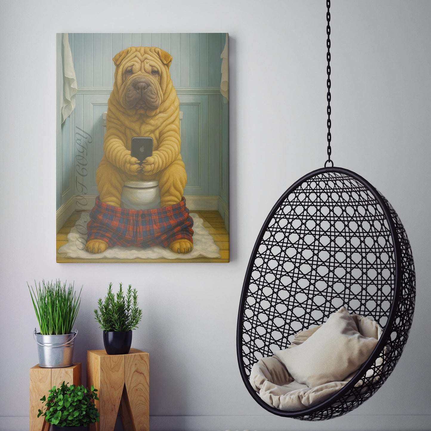 Chinese Shar-Pei Dog On The Phone On The Toilet