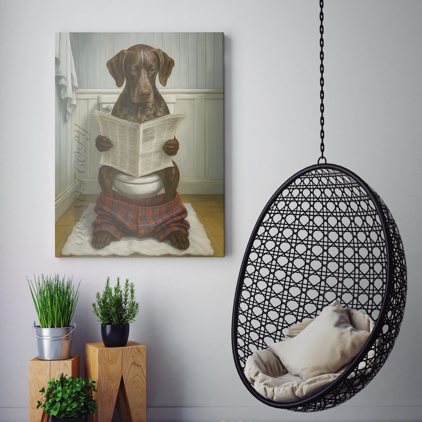German Shorthaired Pointer Dog Reading The Newspaper On The Toilet