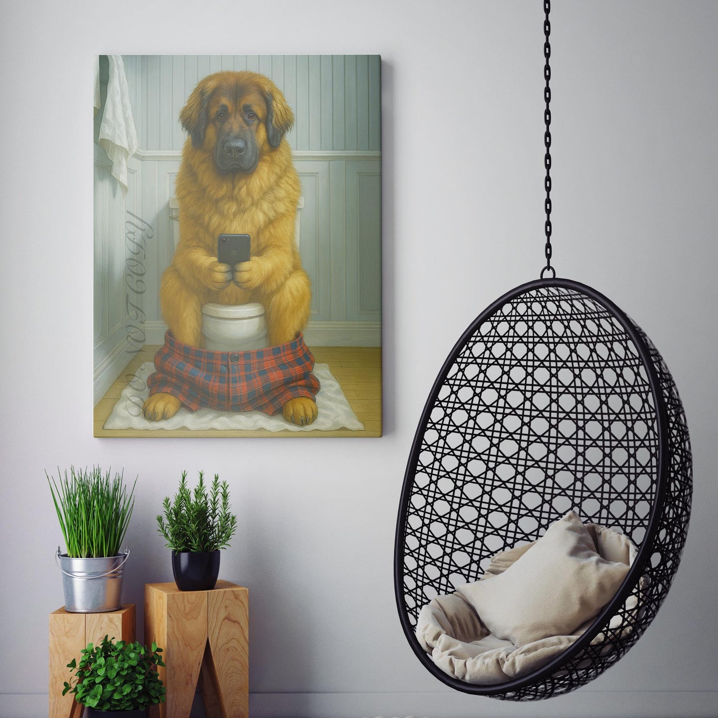 Leonberger Dog On The Phone On The Toilet