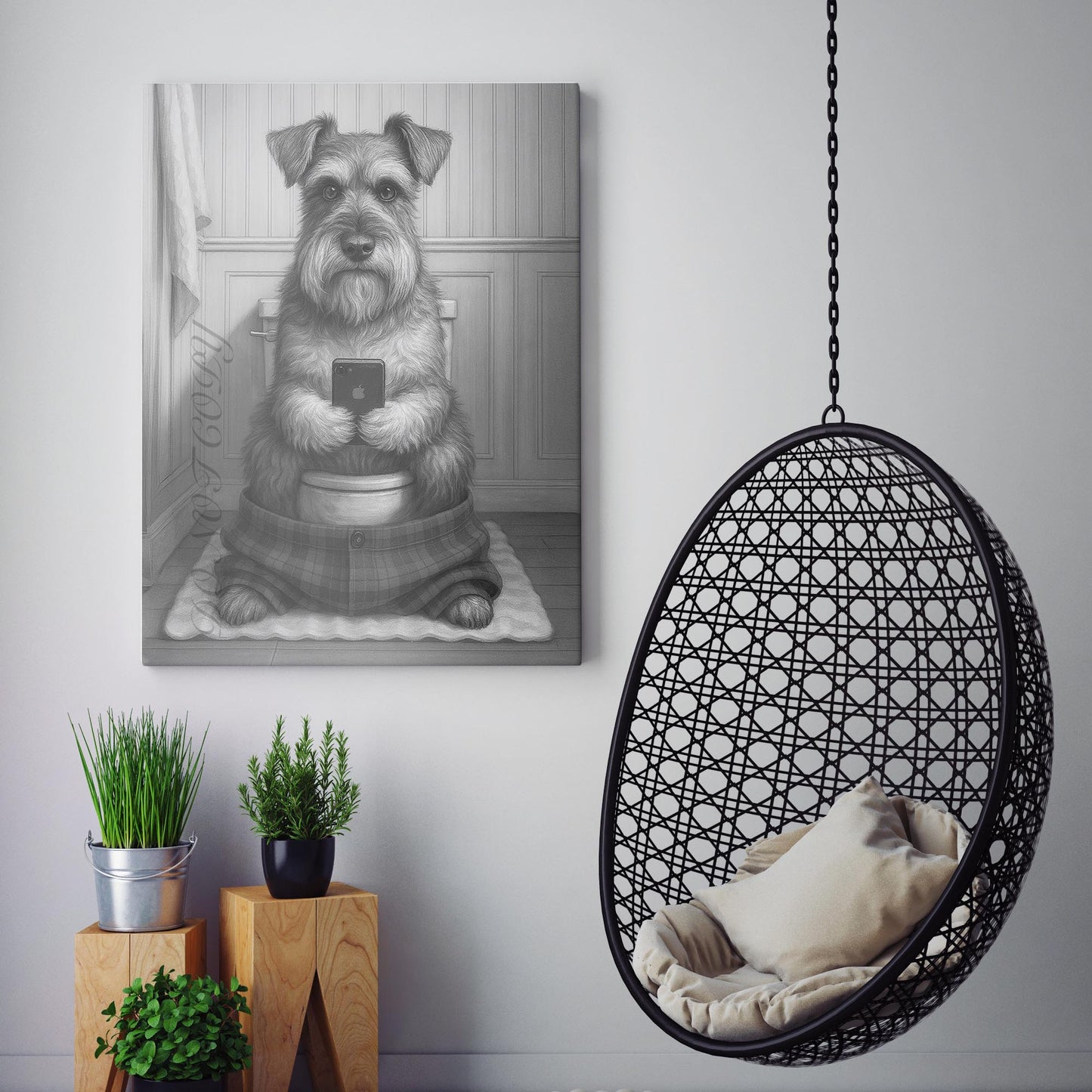 Schnauzer Dog On The Phone On The Toilet