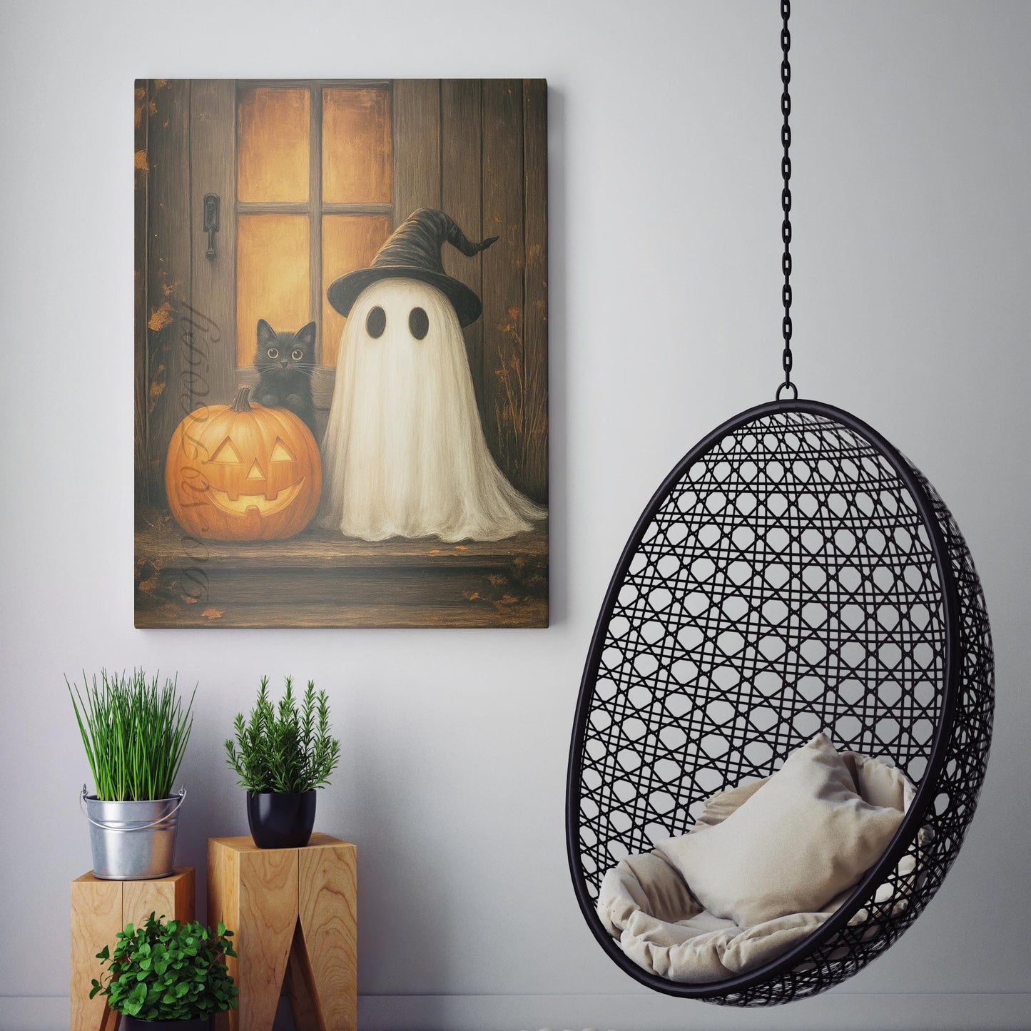 Ghost With A Black Cat And Pumpkin