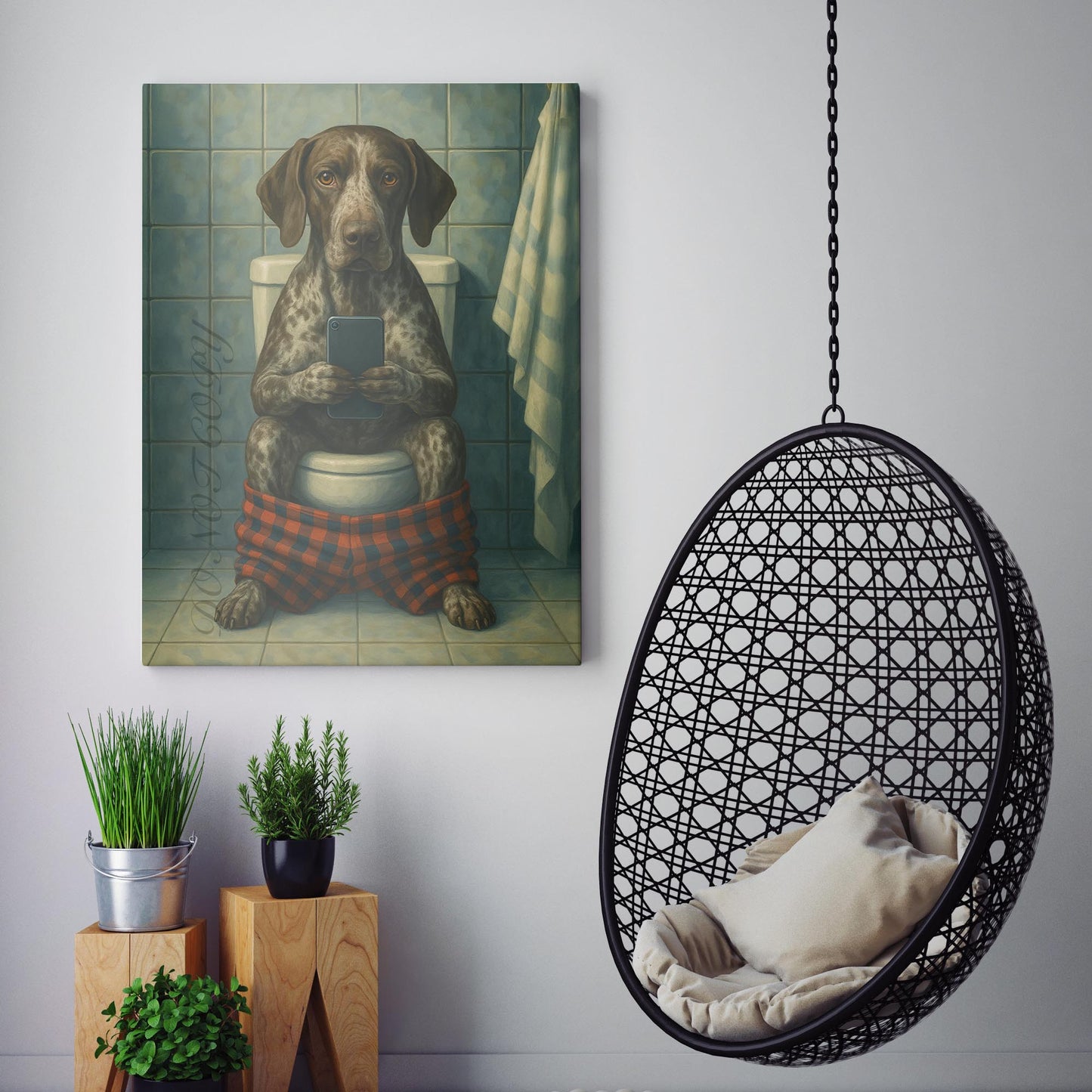 German Shorthaired Pointer On The Phone On The Toilet