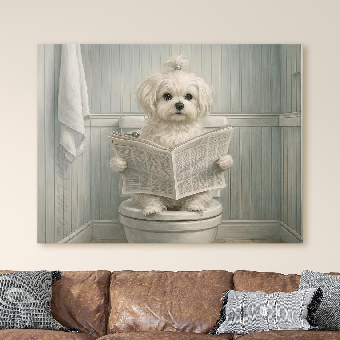 Maltese Dog Reading The Newspaper On The Toilet