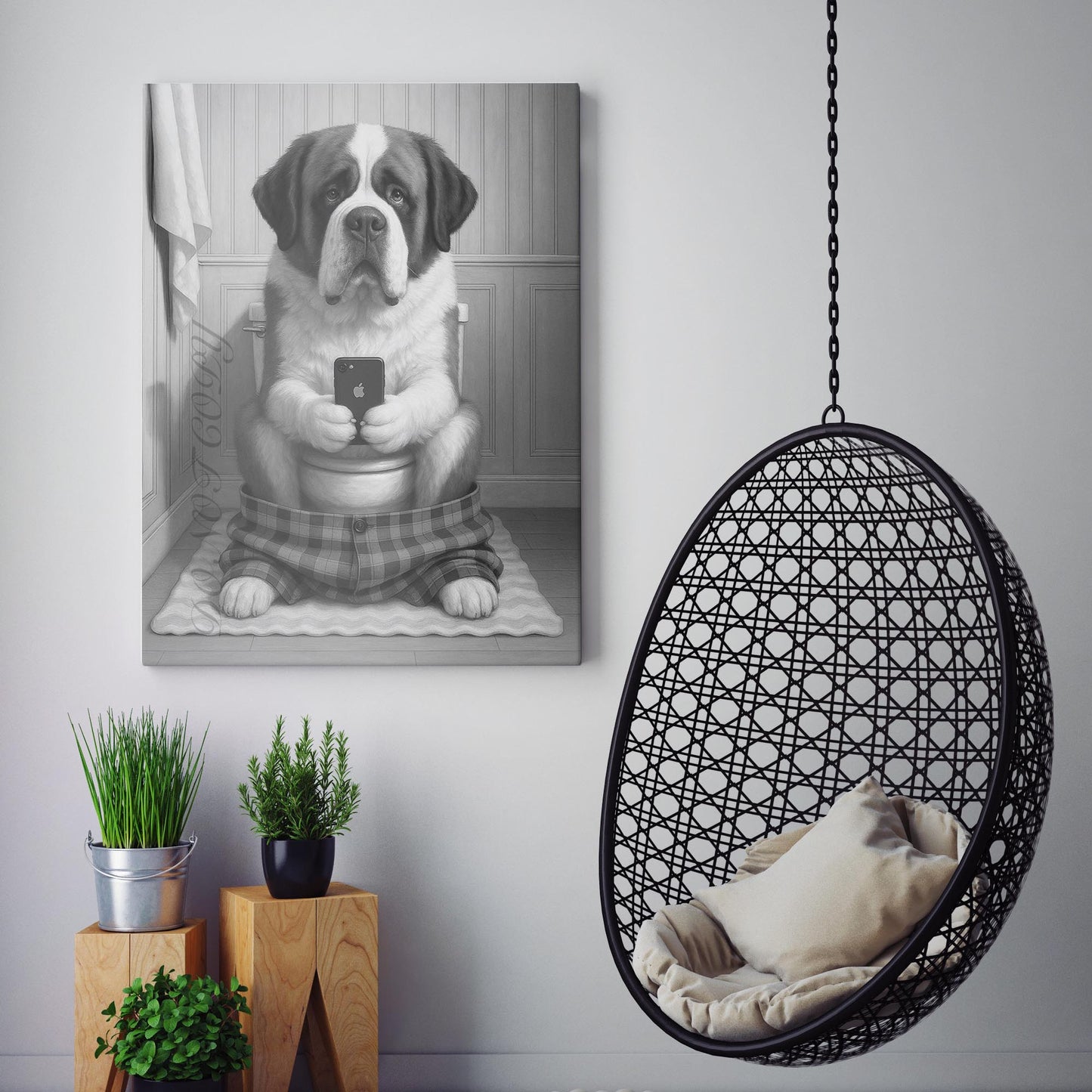 Saint Bernard Dog On The Phone On The Toilet