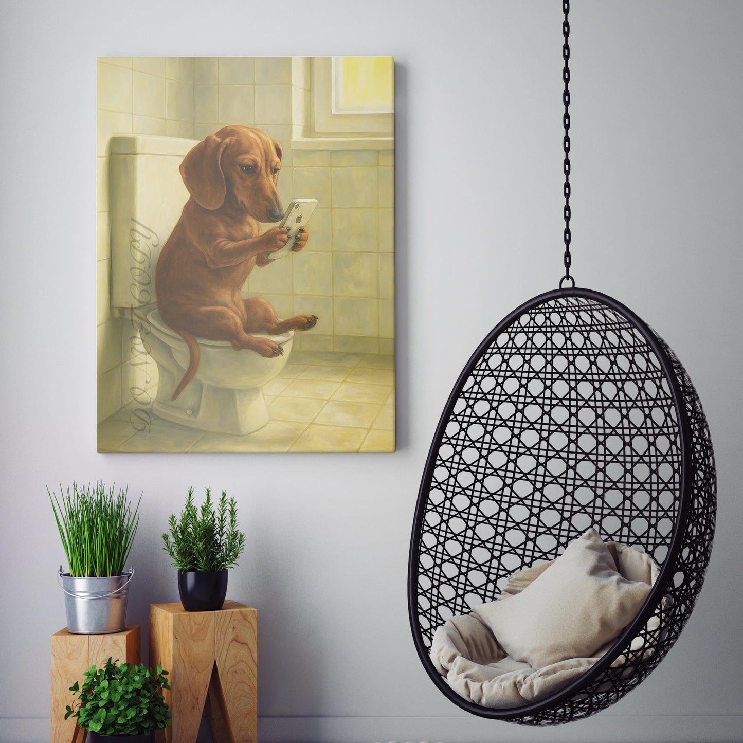 Dachshund Dog On The Phone On The Toilet